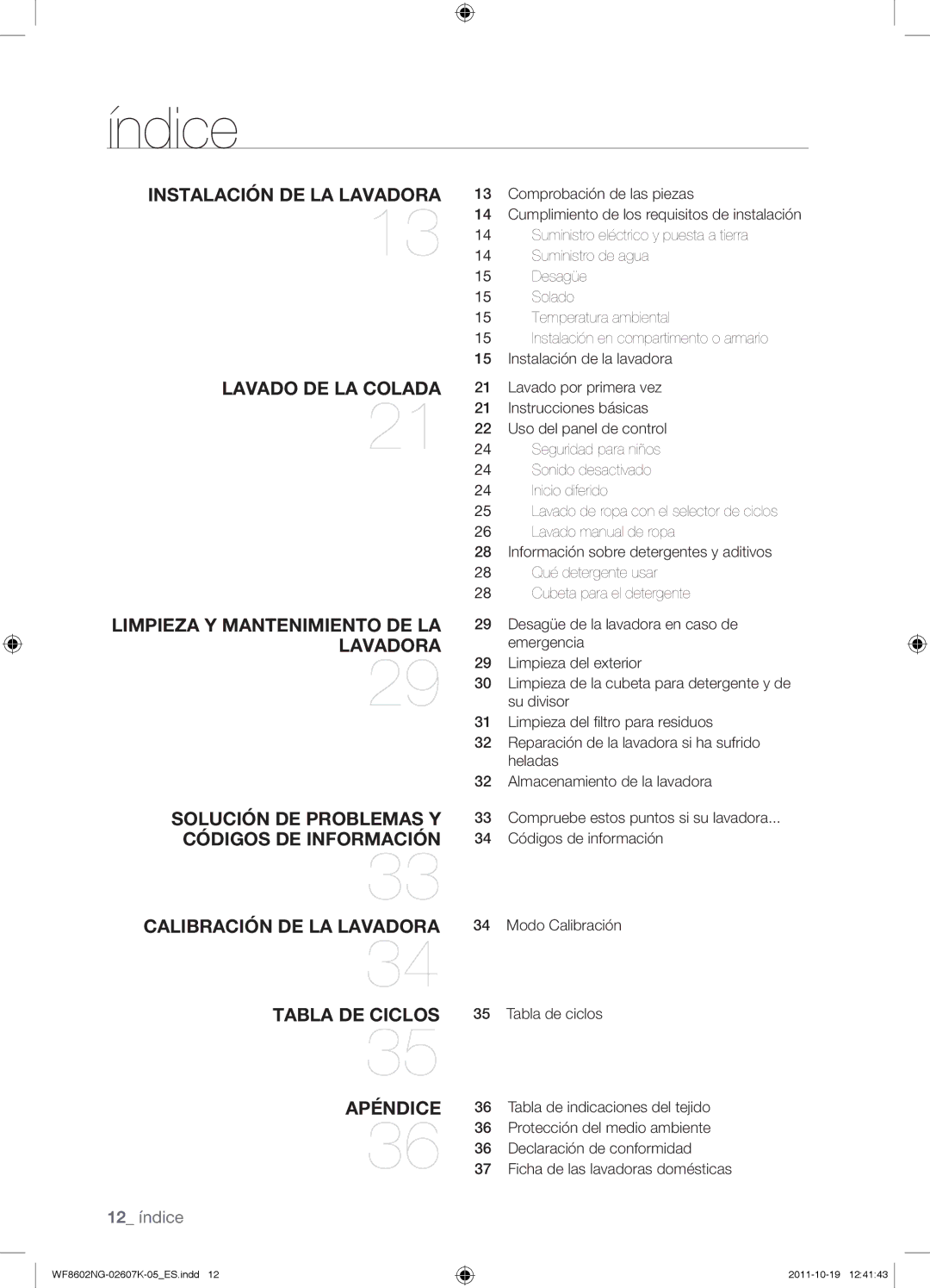 Samsung WF8600NGW/XSH Índice, Tabla de indicaciones del tejido, Protección del medio ambiente, Declaración de conformidad 