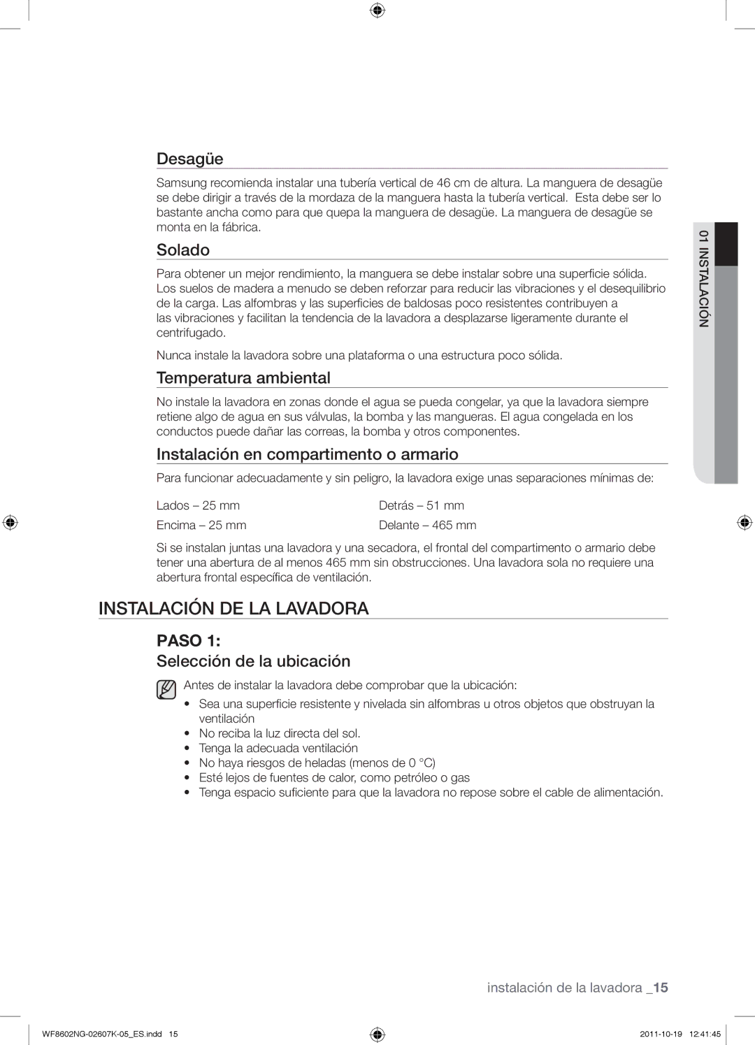 Samsung WF8600NGW/XEC, WF8600NGW/XSH, WF8602NGW/XEC, WF8602NGW/XEP manual Instalación de la lavadora 