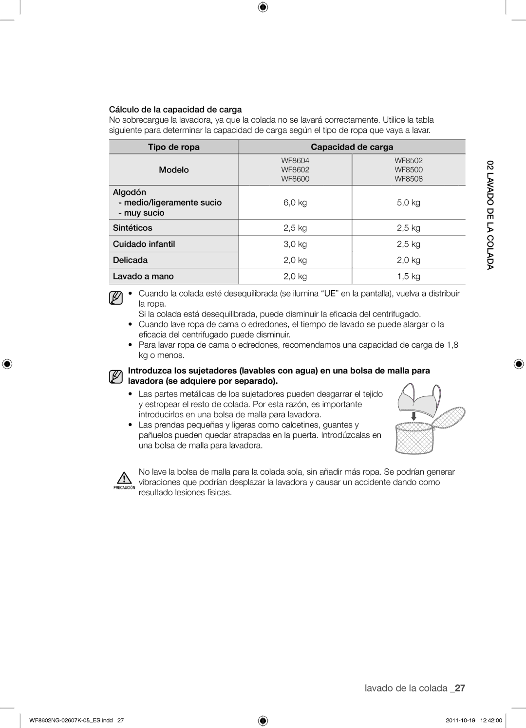 Samsung WF8600NGW/XEC, WF8600NGW/XSH, WF8602NGW/XEC, WF8602NGW/XEP manual Cálculo de la capacidad de carga, Modelo 