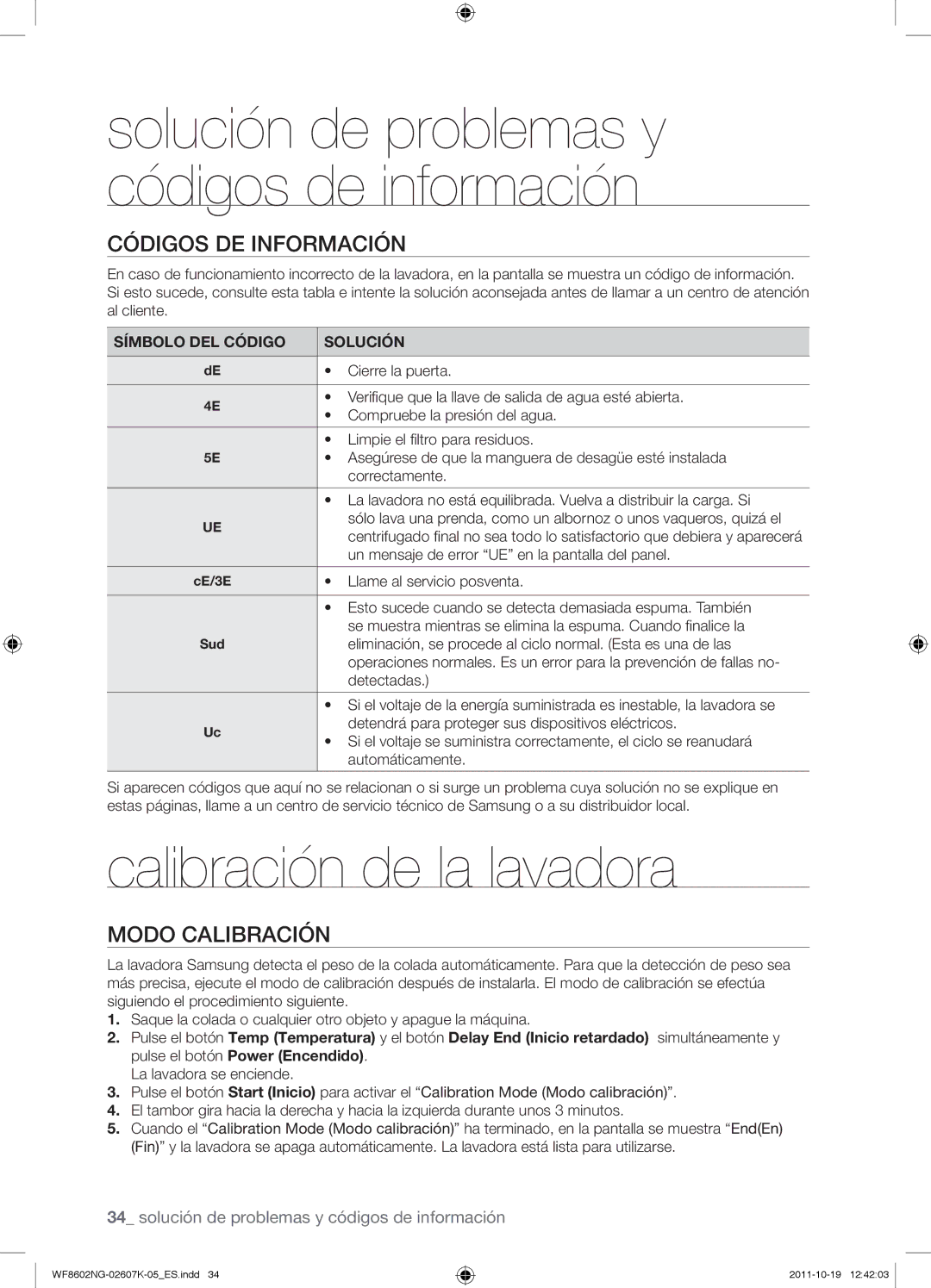 Samsung WF8602NGW/XEP, WF8600NGW/XSH, WF8602NGW/XEC Calibración de la lavadora, Códigos de información, Modo Calibración 