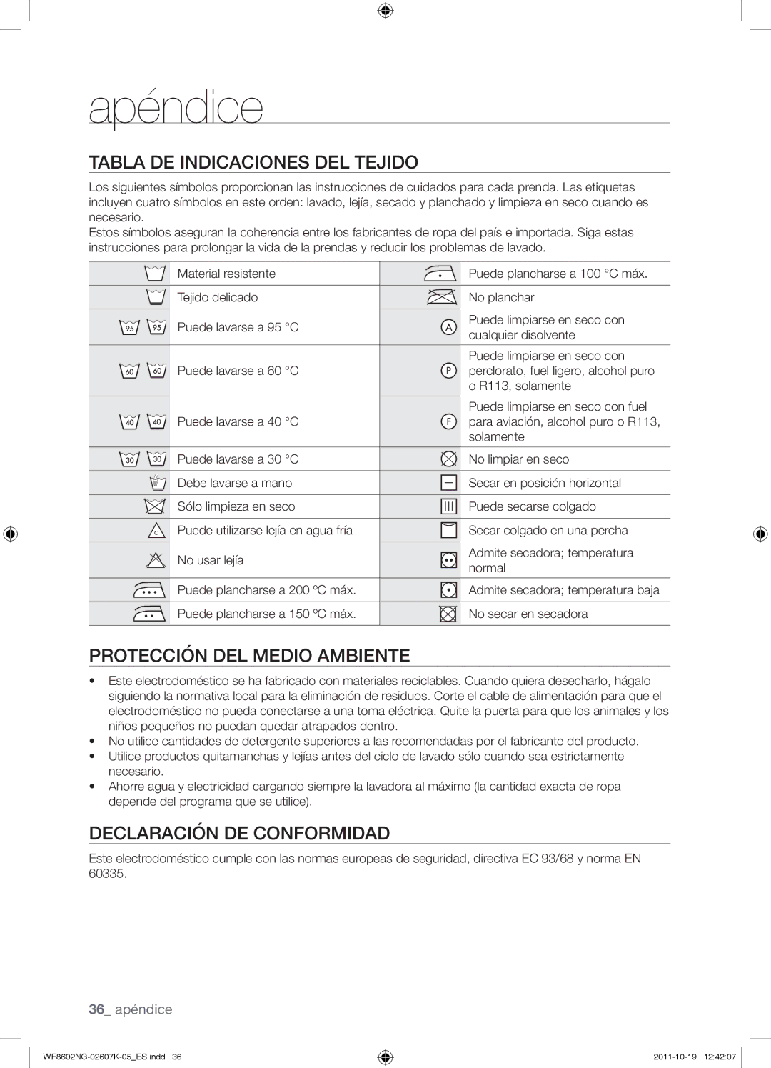 Samsung WF8600NGW/XSH, WF8602NGW/XEC manual Apéndice, Tabla de indicaciones del tejido, Protección del medio ambiente 