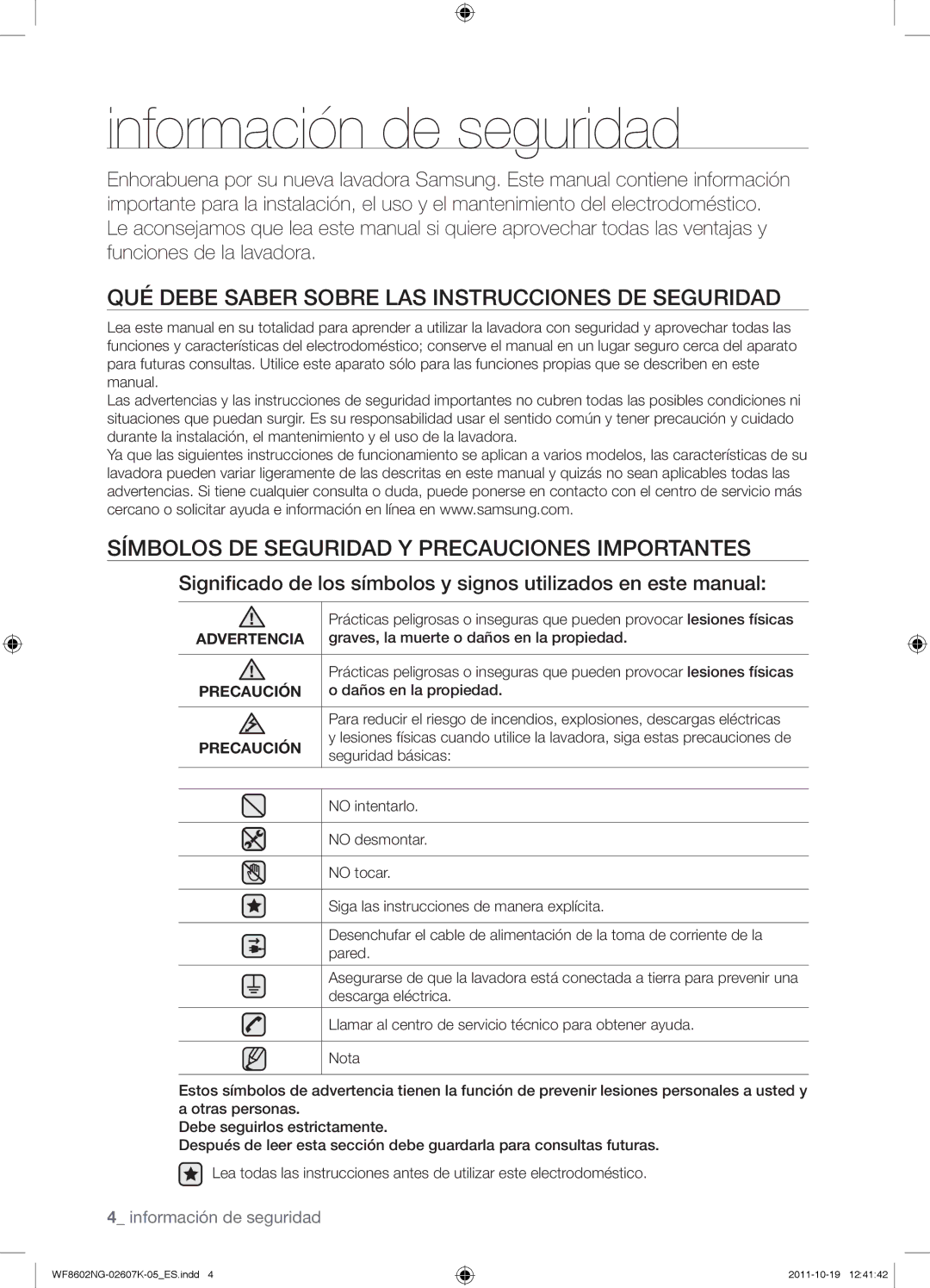 Samsung WF8600NGW/XSH, WF8602NGW/XEC manual Información de seguridad, QUÉ Debe Saber Sobre LAS Instrucciones DE Seguridad 