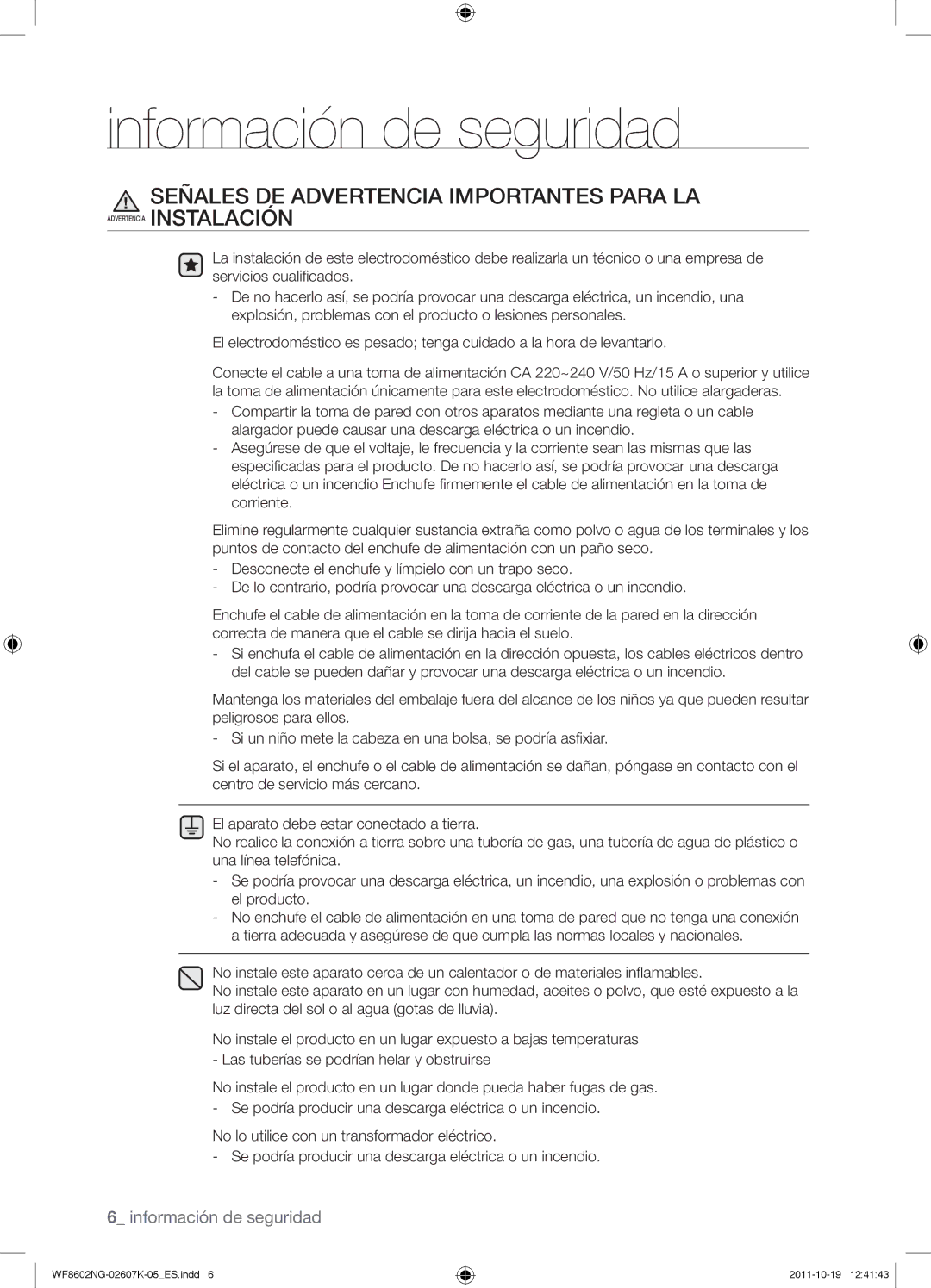 Samsung WF8602NGW/XEP, WF8600NGW/XSH, WF8602NGW/XEC, WF8600NGW/XEC manual Señales DE Advertencia Importantes Para LA 