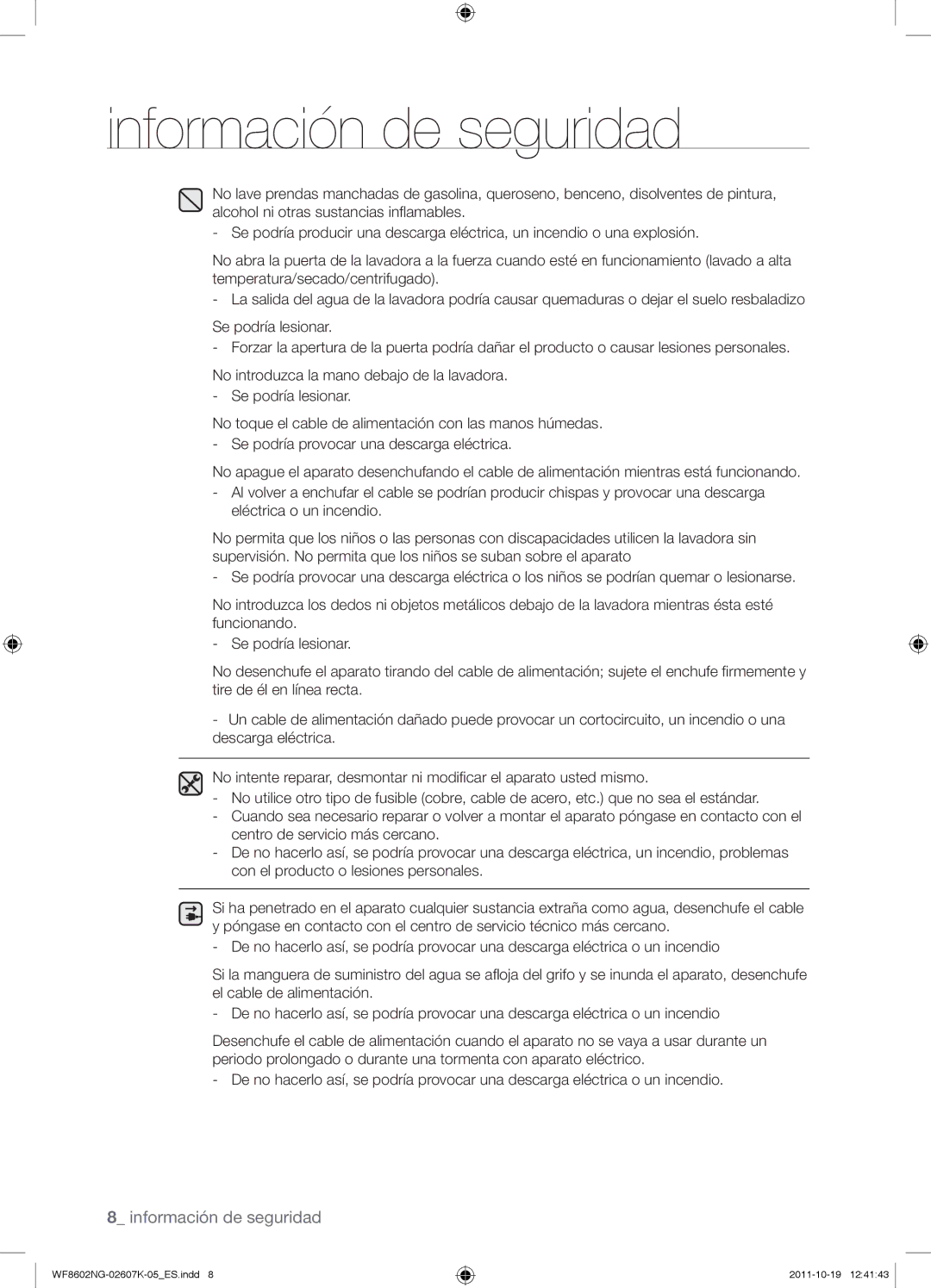 Samsung WF8600NGW/XSH, WF8602NGW/XEC, WF8602NGW/XEP, WF8600NGW/XEC manual Información de seguridad 