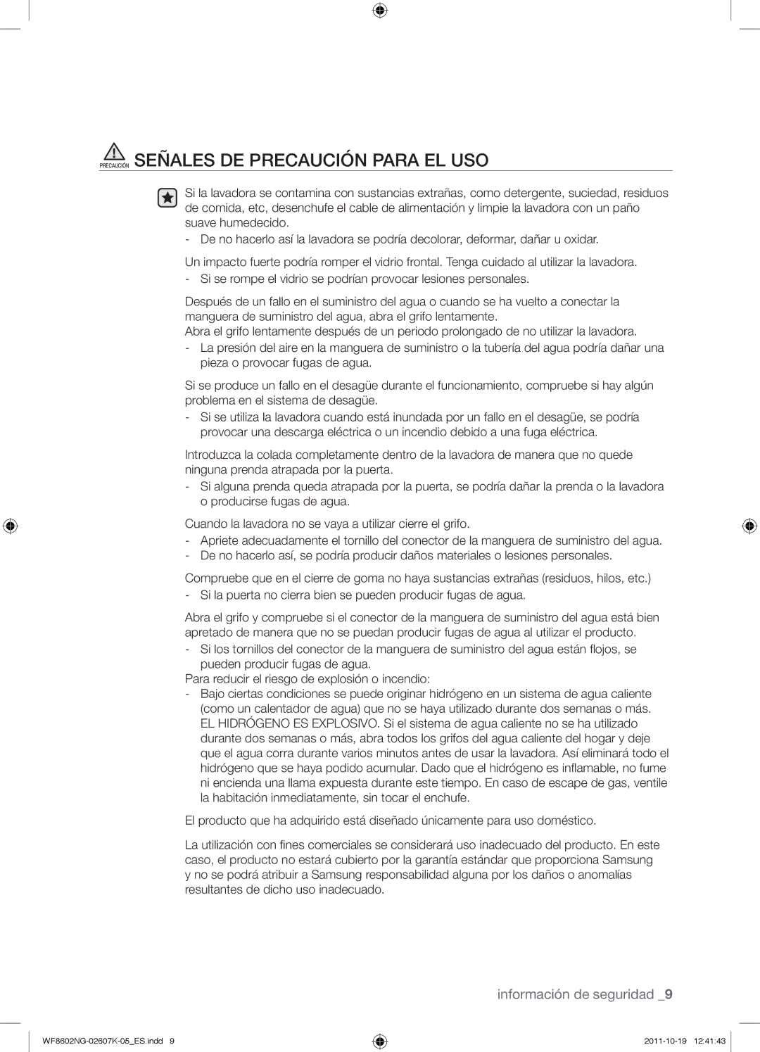 Samsung WF8602NGW/XEC, WF8600NGW/XSH, WF8602NGW/XEP, WF8600NGW/XEC manual Precaución Señales DE Precaución Para EL USO 