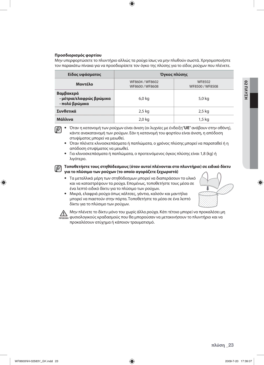 Samsung WF8600NHW/YLV manual Προσδιορισμός φορτίου, Είδος υφάσματος Όγκος πλύσης 