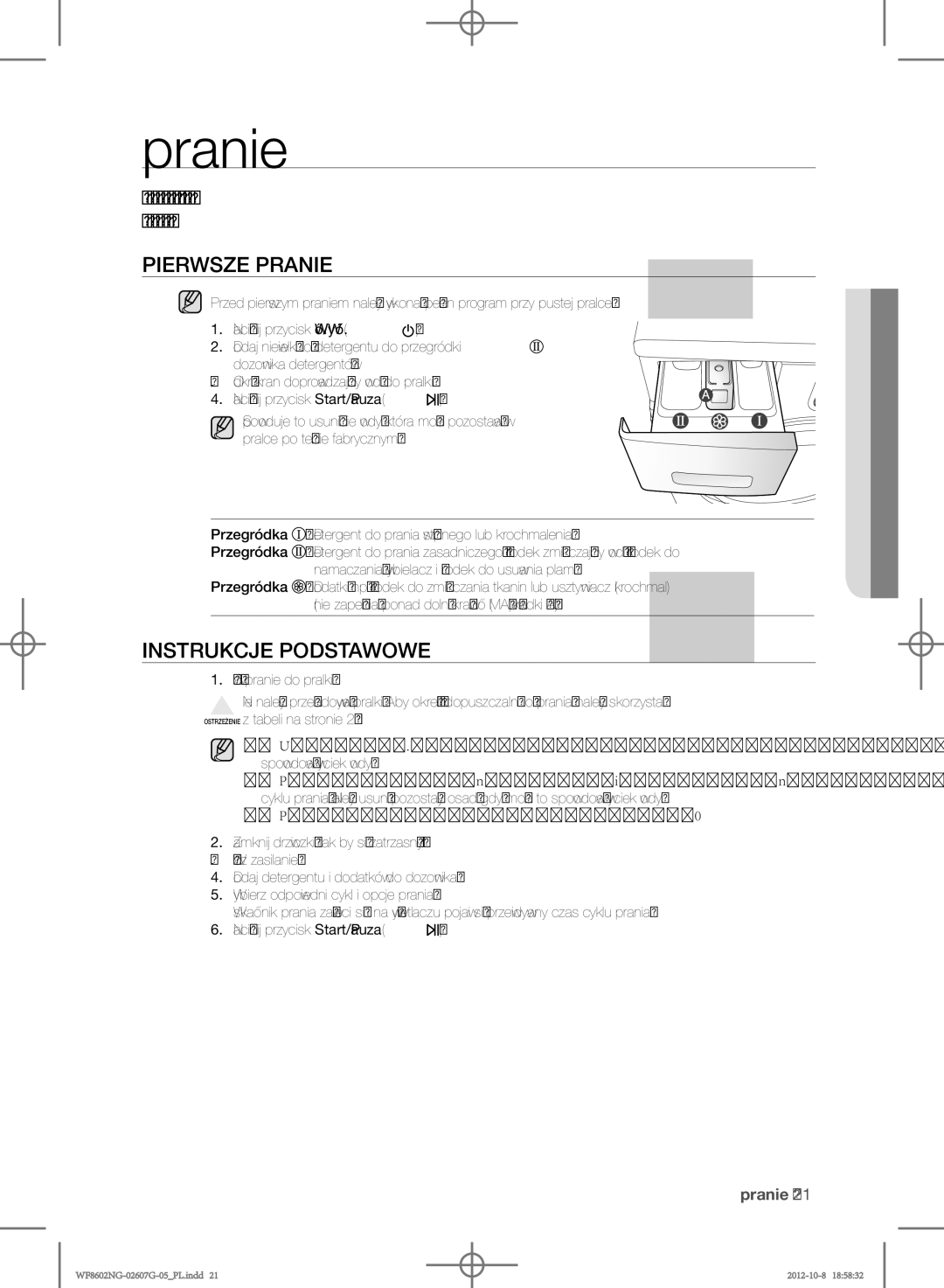 Samsung WF8502NGV/XEH, WF8602NGW/XEP, WF8500NMW8/YLE, WF8602NGW/XEH manual Pranie, Pierwsze pranie, Instrukcje podstawowe 