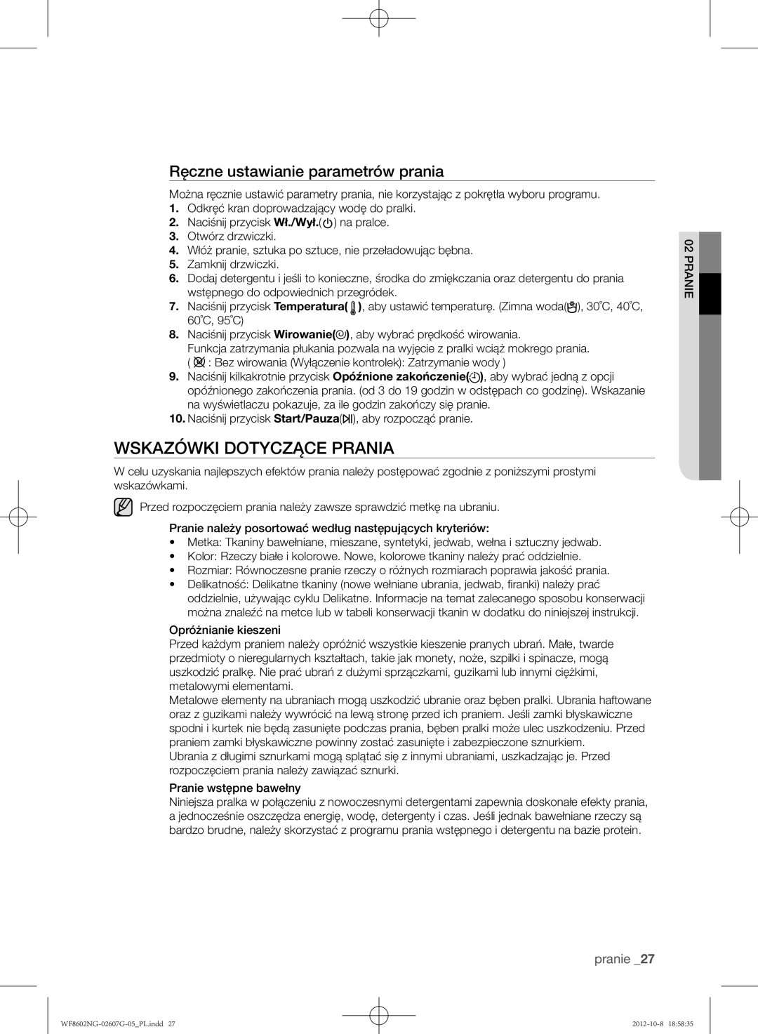 Samsung WF8502NGV/XEH, WF8602NGW/XEP, WF8500NMW8/YLE manual Wskazówki Dotyczące Prania, Ręczne ustawianie parametrów prania 