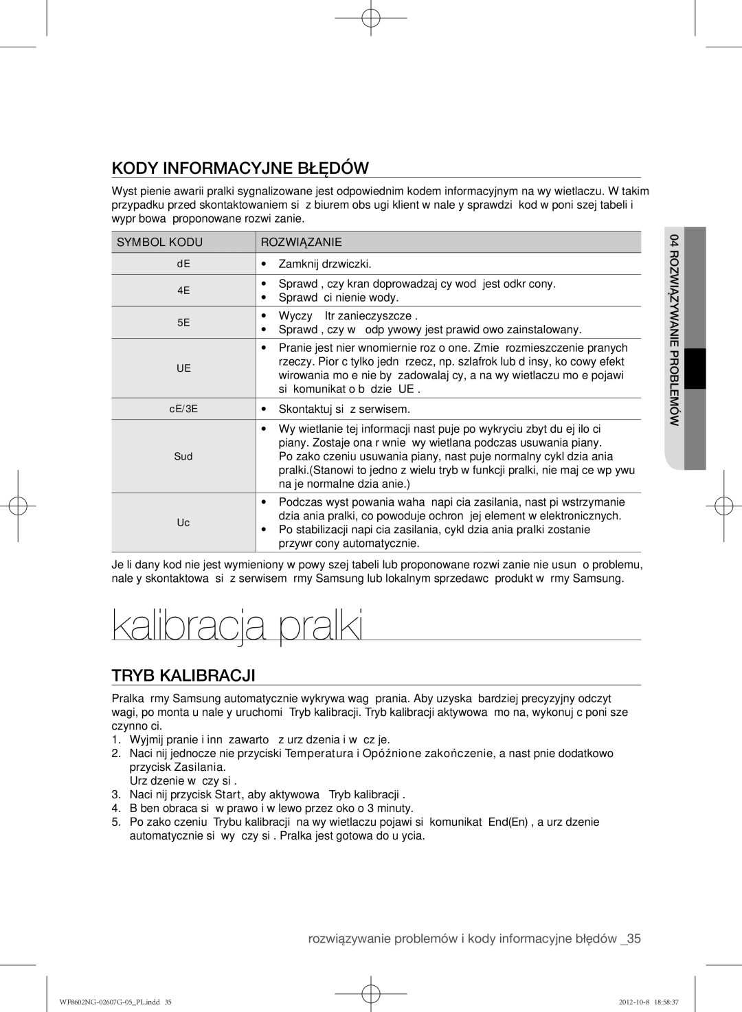 Samsung WF8500NMW8/YLE manual Kalibracja pralki, Kody informacyjne błędów, Tryb kalibracji, Symbol Kodu Rozwiązanie 