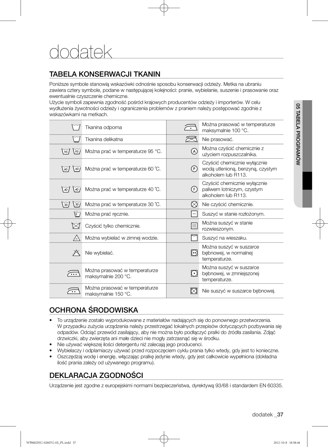 Samsung WF8502NGW/XEH, WF8602NGW/XEP manual Dodatek, Tabela konserwacji tkanin, Ochrona środowiska, Deklaracja zgodności 