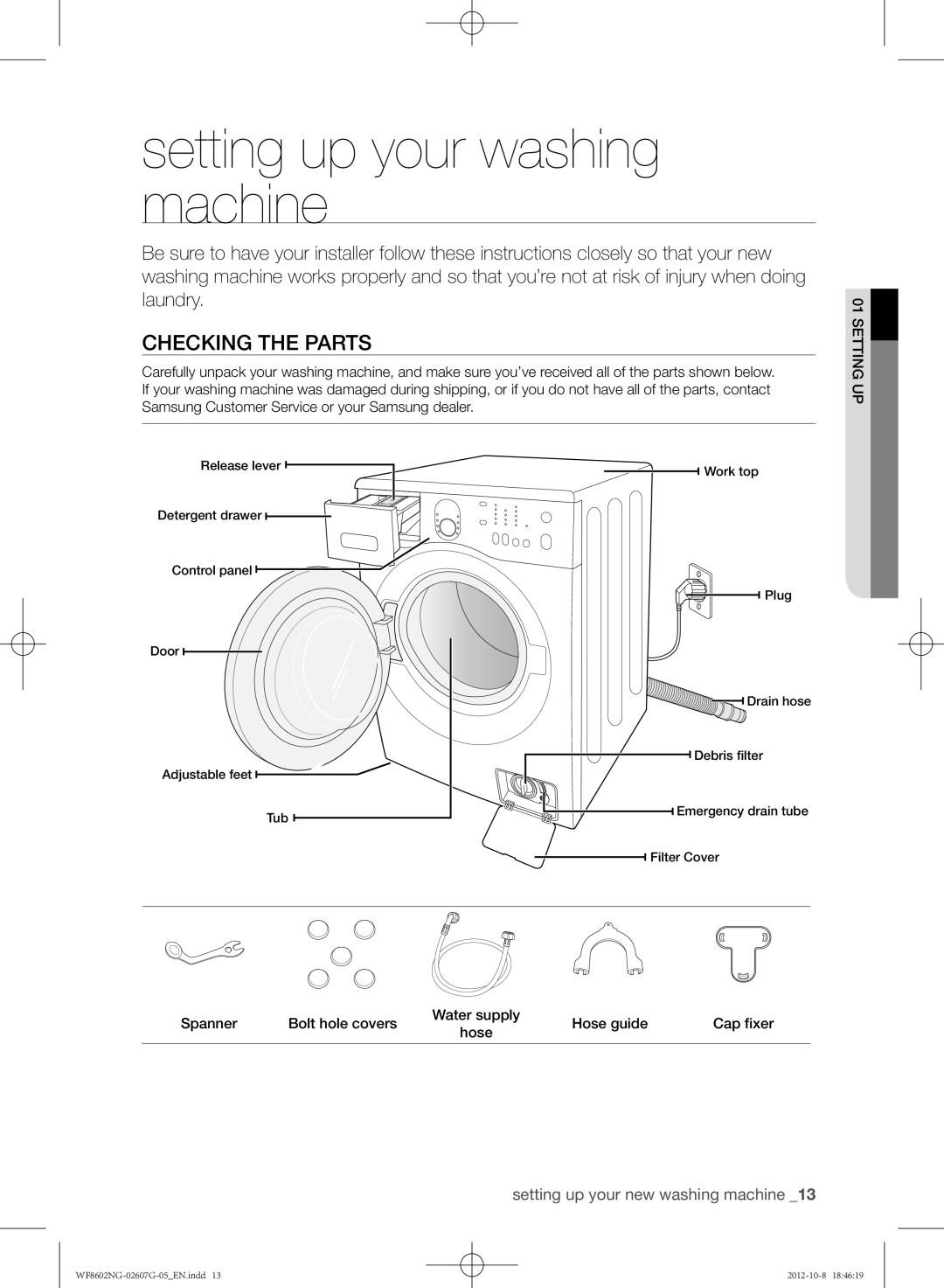 Samsung WF8500NMW8/YLE, WF8602NGW/XEP, WF8602NGW/XEH, WF8502NGW/XEH manual Setting up your washing machine, Checking the parts 