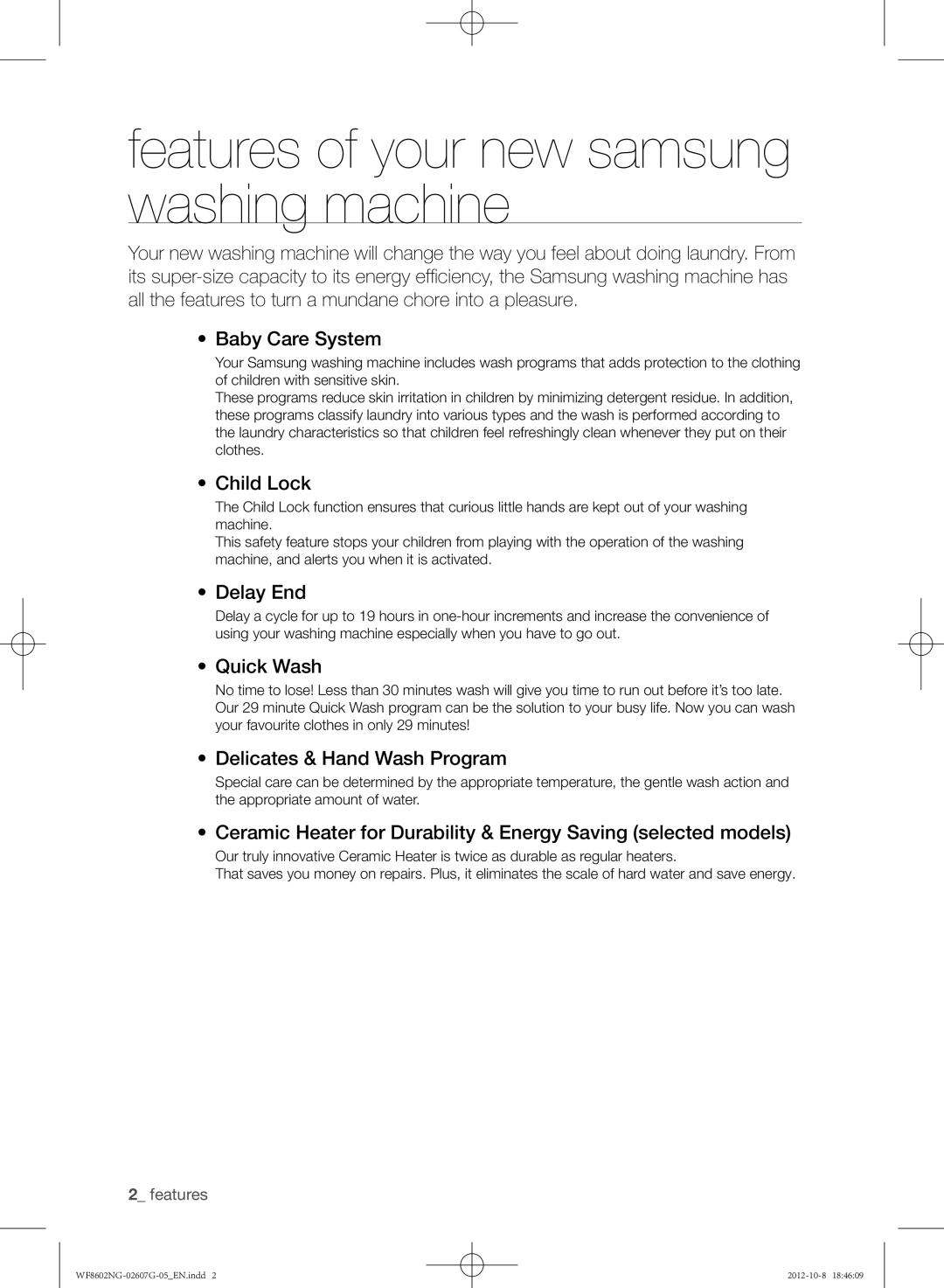 Samsung WF8602NGW/XEH, WF8602NGW/XEP manual Features of your new samsung washing machine, Child Lock, Delay End, Quick Wash 