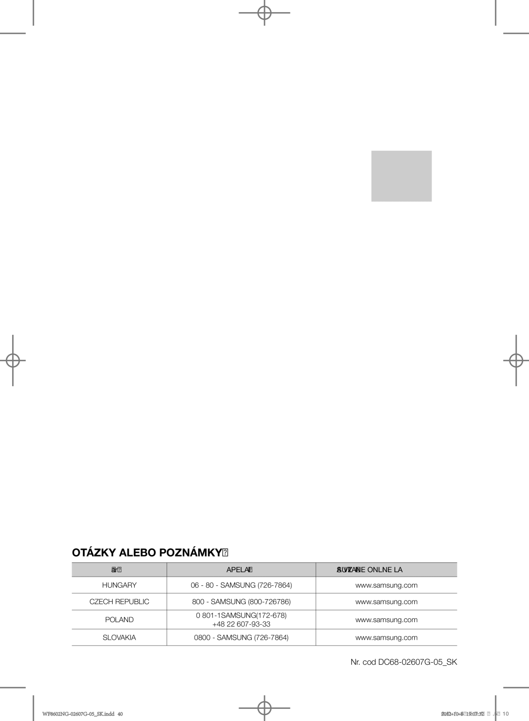 Samsung WF8602NGW/XEH, WF8602NGW/XEP, WF8500NMW8/YLE, WF8502NGW/XEH, WF8500NMW8/XEH, WF8502NGV/XEH manual Otázky Alebo POZNÁMKY? 