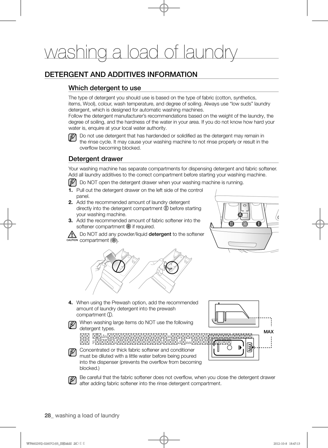 Samsung WF8500NMW8/XEH, WF8602NGW/XEP manual Detergent and additives information, Which detergent to use, Detergent drawer 