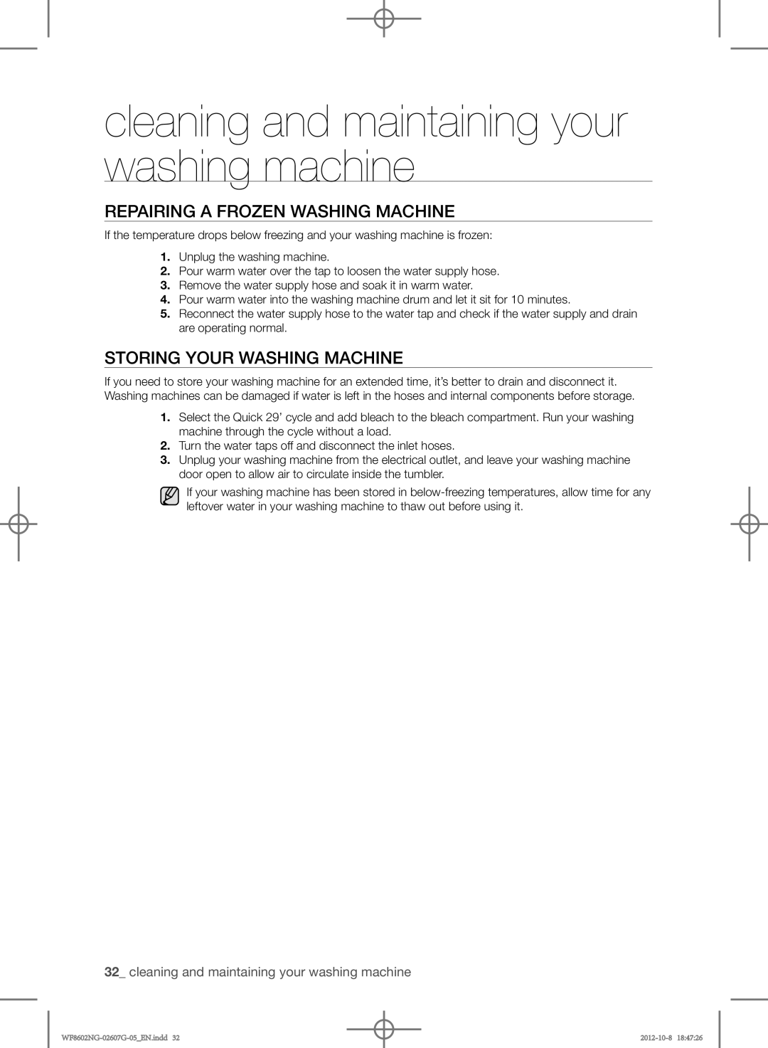 Samsung WF8602NGW/XEH, WF8602NGW/XEP, WF8500NMW8/YLE manual Repairing a frozen washing machine, Storing your washing machine 