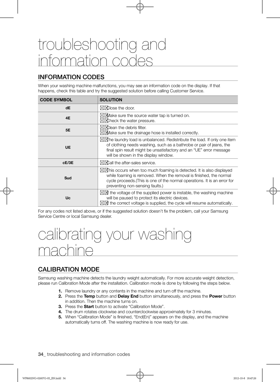 Samsung WF8500NMW8/XEH manual Calibrating your washing machine, Information codes, Calibration mode, Code Symbol Solution 