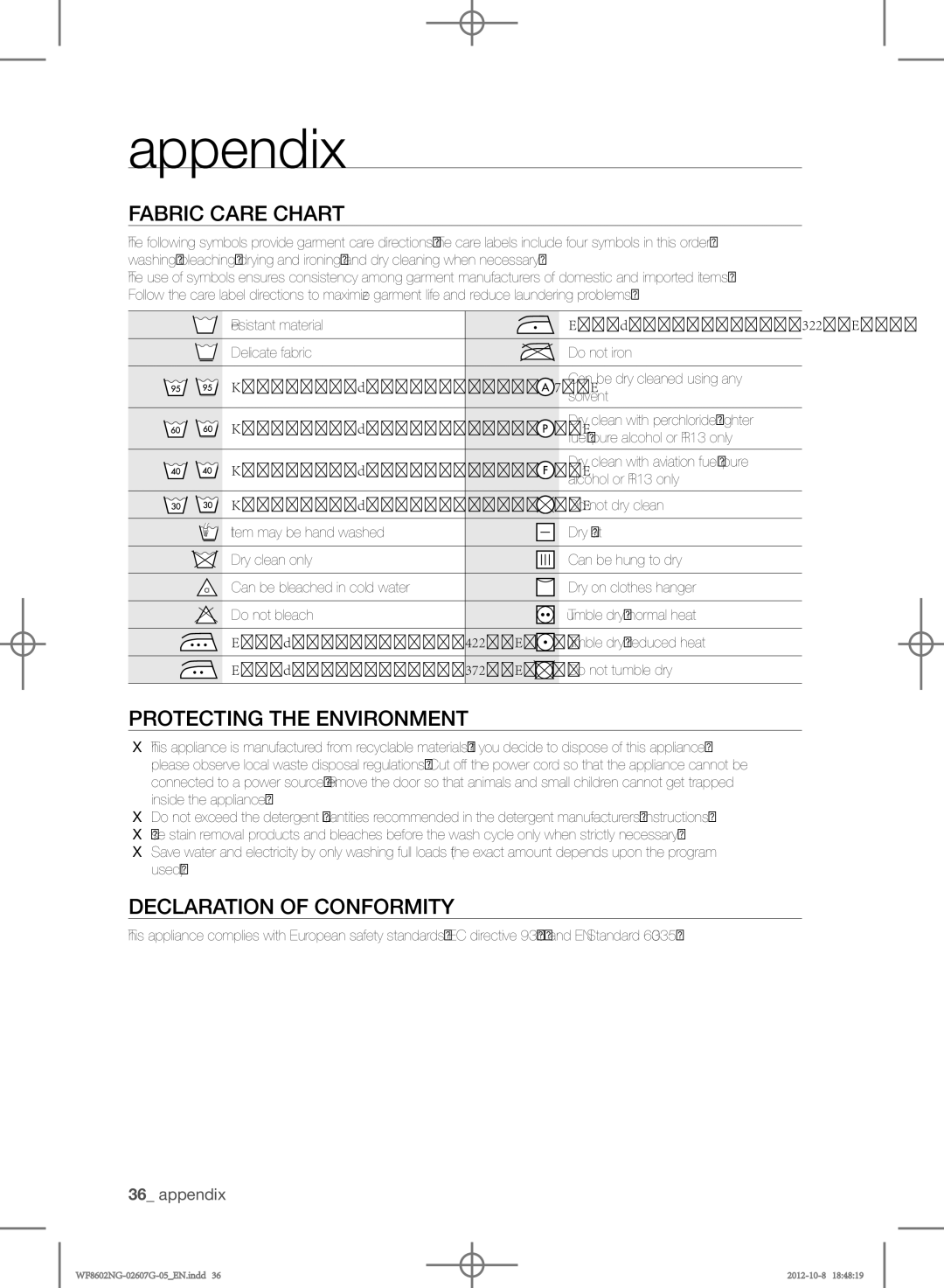 Samsung WF8602NGW/XEP, WF8500NMW8/YLE Appendix, Fabric care chart, Protecting the environment, Declaration of conformity 