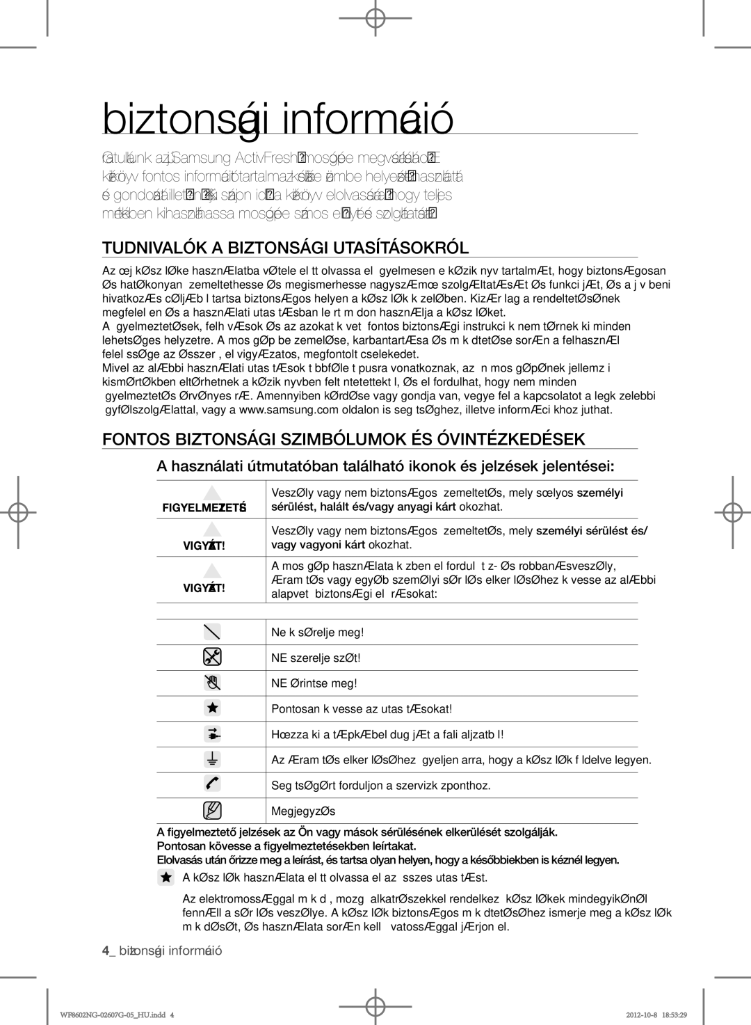 Samsung WF8602NGW/XEH, WF8602NGW/XEP manual Biztonsági információ, Tudnivalók a Biztonsági Utasításokról, Figyelmeztetés 