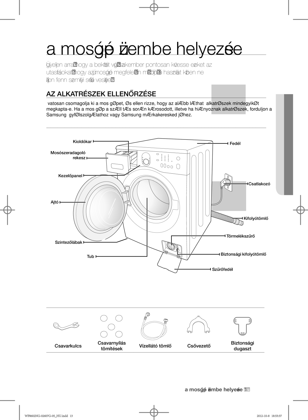 Samsung WF8502NGV/XEH, WF8602NGW/XEP, WF8500NMW8/YLE, WF8602NGW/XEH manual Az alkatrészek ellenőrzése, 01 üzembe helyezés 