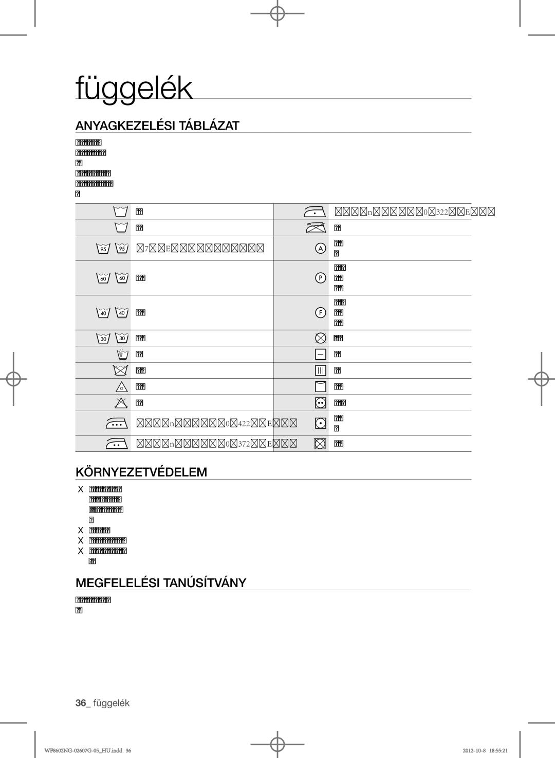 Samsung WF8500NMW8/XEH, WF8602NGW/XEP manual Függelék, Anyagkezelési táblázat, Környezetvédelem, Megfelelési tanúsítvány 