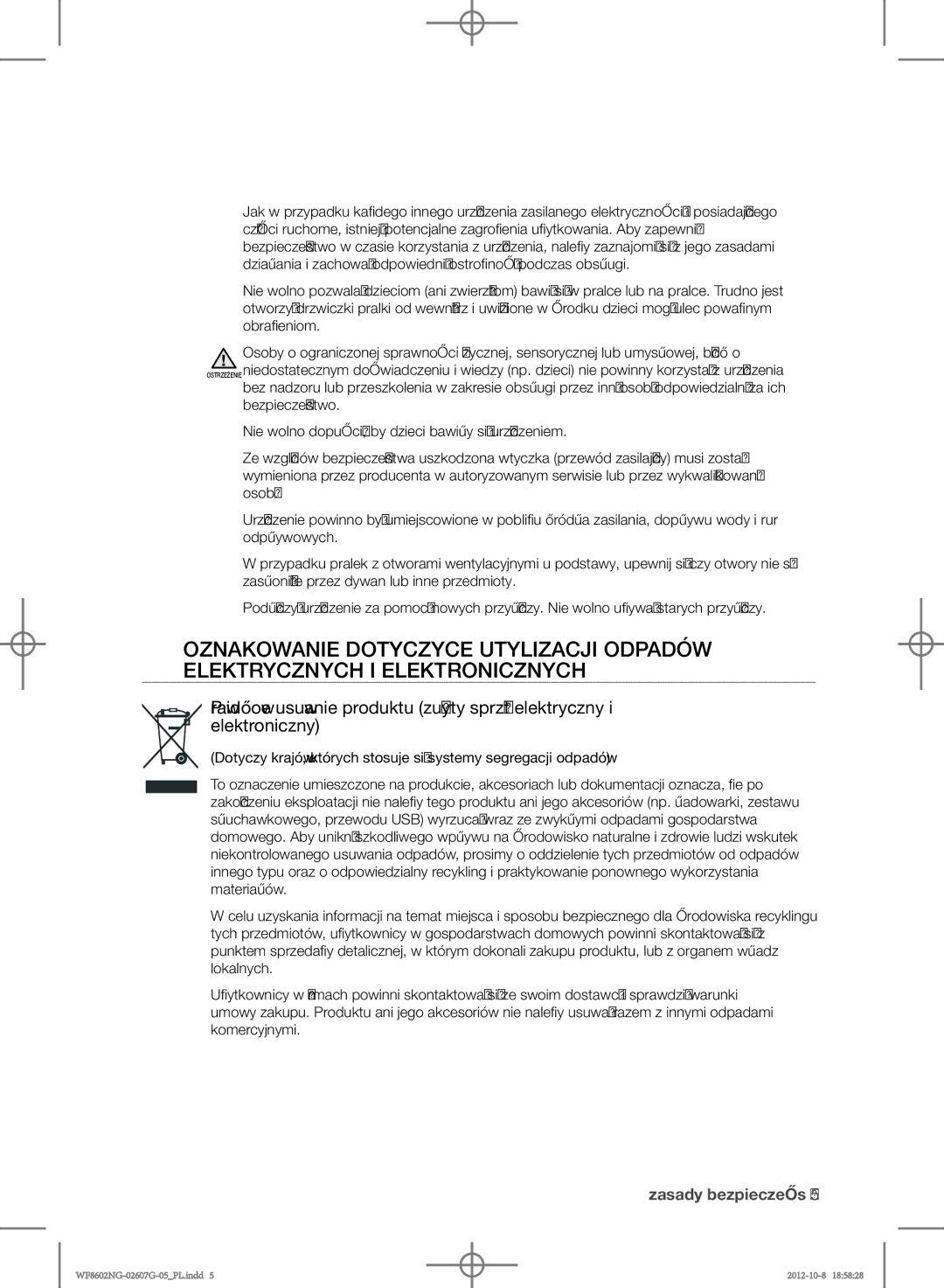 Samsung WF8500NMW8/YLE, WF8602NGW/XEP, WF8602NGW/XEH, WF8502NGW/XEH, WF8500NMW8/XEH, WF8502NGV/XEH manual Zasady bezpieczeńs 