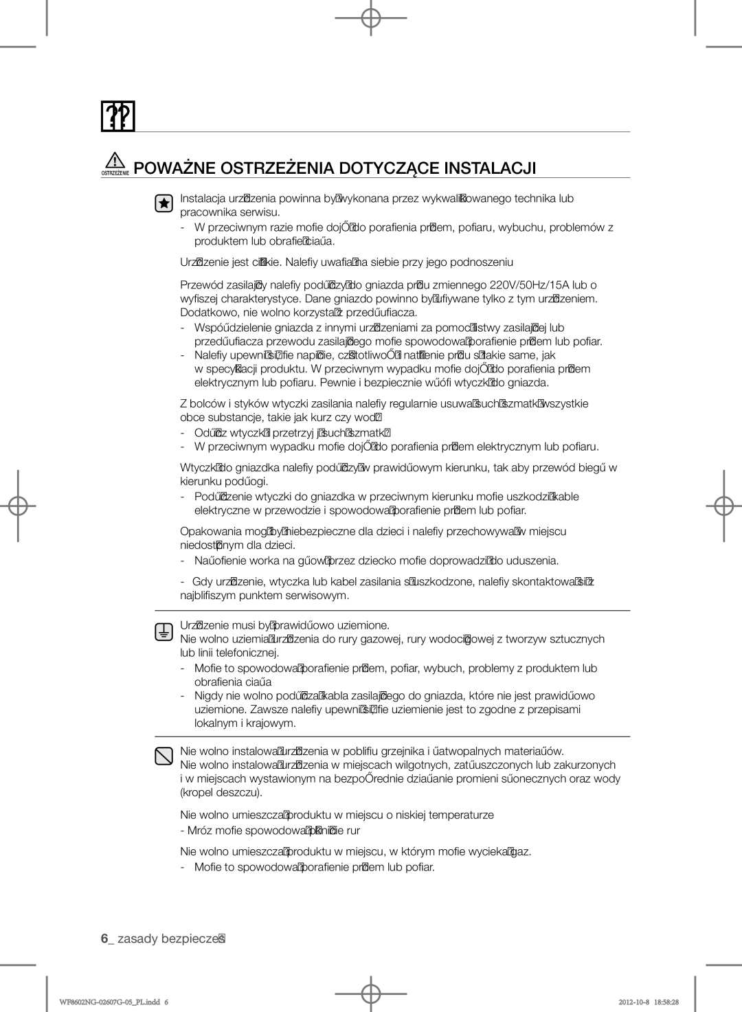 Samsung WF8602NGW/XEH, WF8602NGW/XEP, WF8500NMW8/YLE, WF8502NGW/XEH Ostrzeżenie Poważne Ostrzeżenia Dotyczące Instalacji 