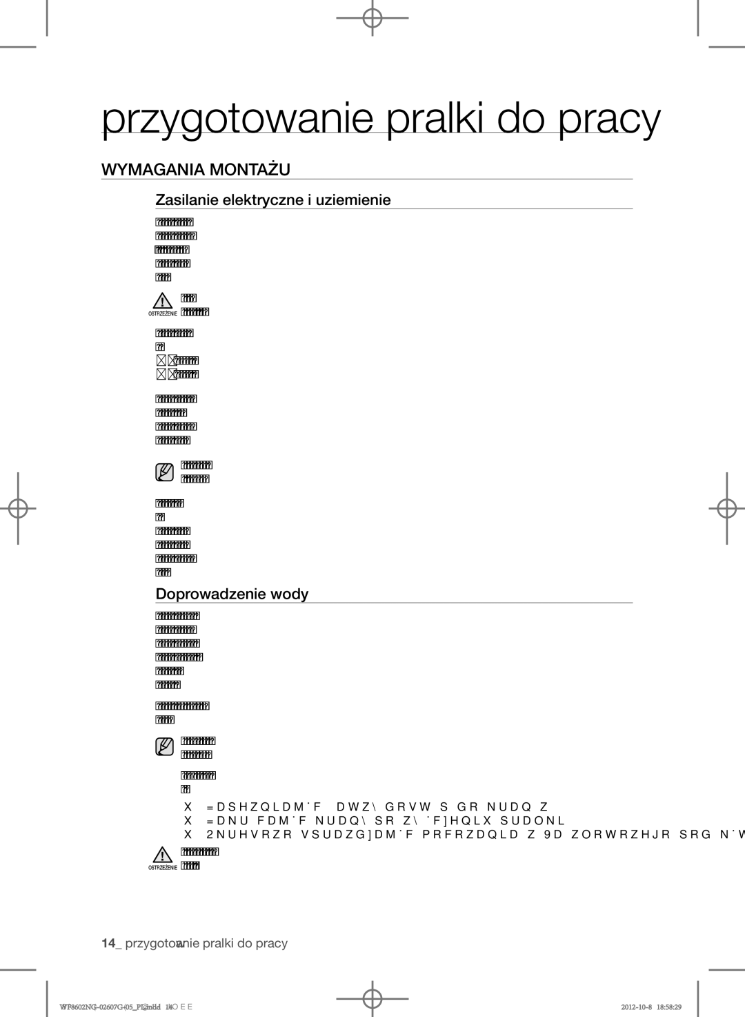 Samsung WF8500NMW8/XEH, WF8602NGW/XEP Przygotowanie pralki do pracy, Wymagania montażu, Zasilanie elektryczne i uziemienie 