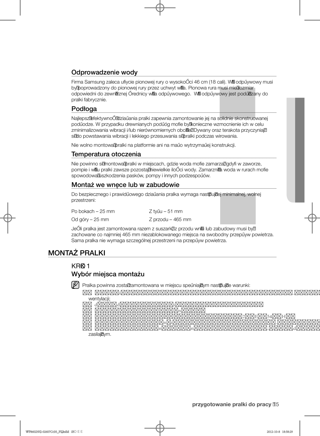 Samsung WF8502NGV/XEH, WF8602NGW/XEP, WF8500NMW8/YLE, WF8602NGW/XEH, WF8502NGW/XEH, WF8500NMW8/XEH manual Montaż pralki 