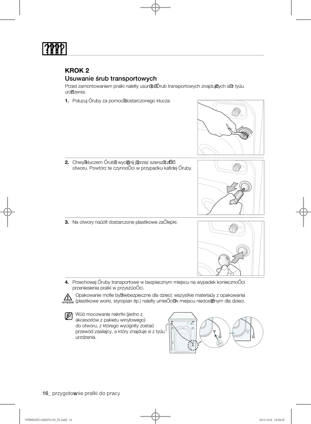 Samsung WF8602NGW/XEP, WF8500NMW8/YLE, WF8602NGW/XEH, WF8502NGW/XEH, WF8500NMW8/XEH manual Usuwanie śrub transportowych 