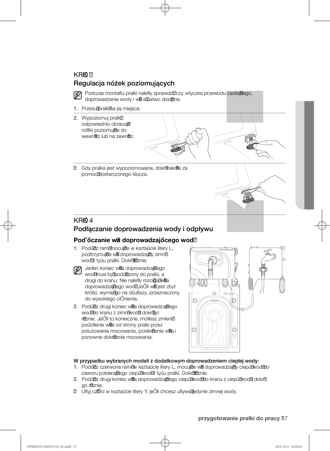 Samsung WF8500NMW8/YLE, WF8602NGW/XEP manual Regulacja nóżek poziomujących, Podłączanie doprowadzenia wody i odpływu 