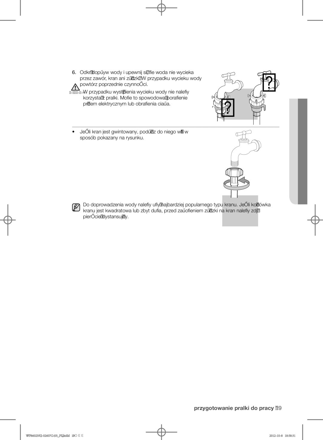 Samsung WF8502NGW/XEH, WF8602NGW/XEP, WF8500NMW8/YLE, WF8602NGW/XEH, WF8500NMW8/XEH, WF8502NGV/XEH manual Przygotowaniedo 