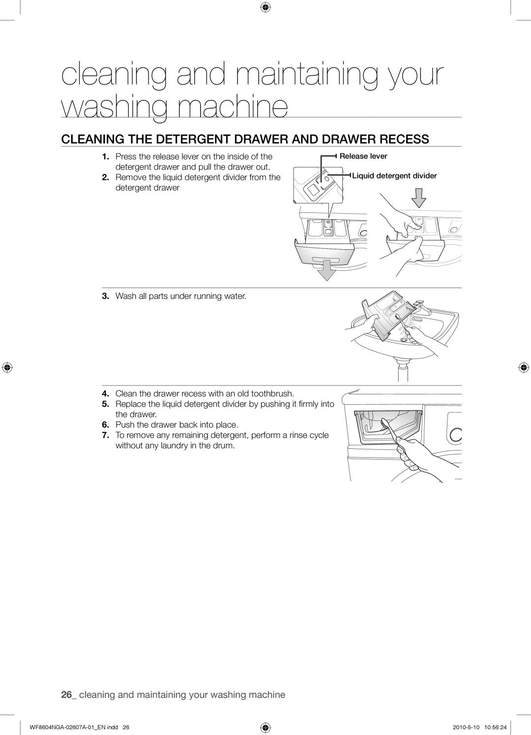 Samsung WF8602NGY/XEU manual Cleaning the Detergent Drawer and Drawer Recess 