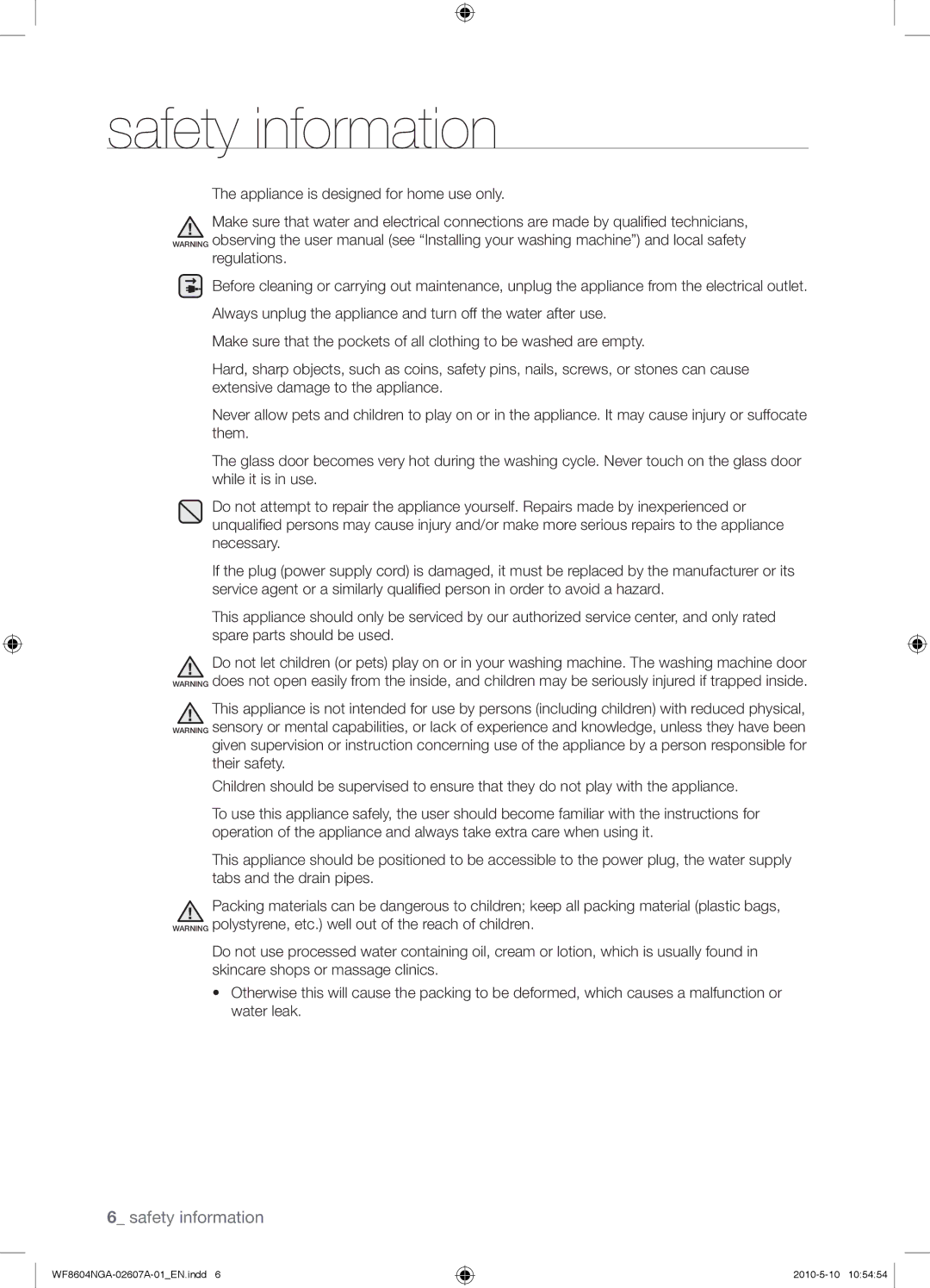 Samsung WF8602NGY/XEU manual Safety information 