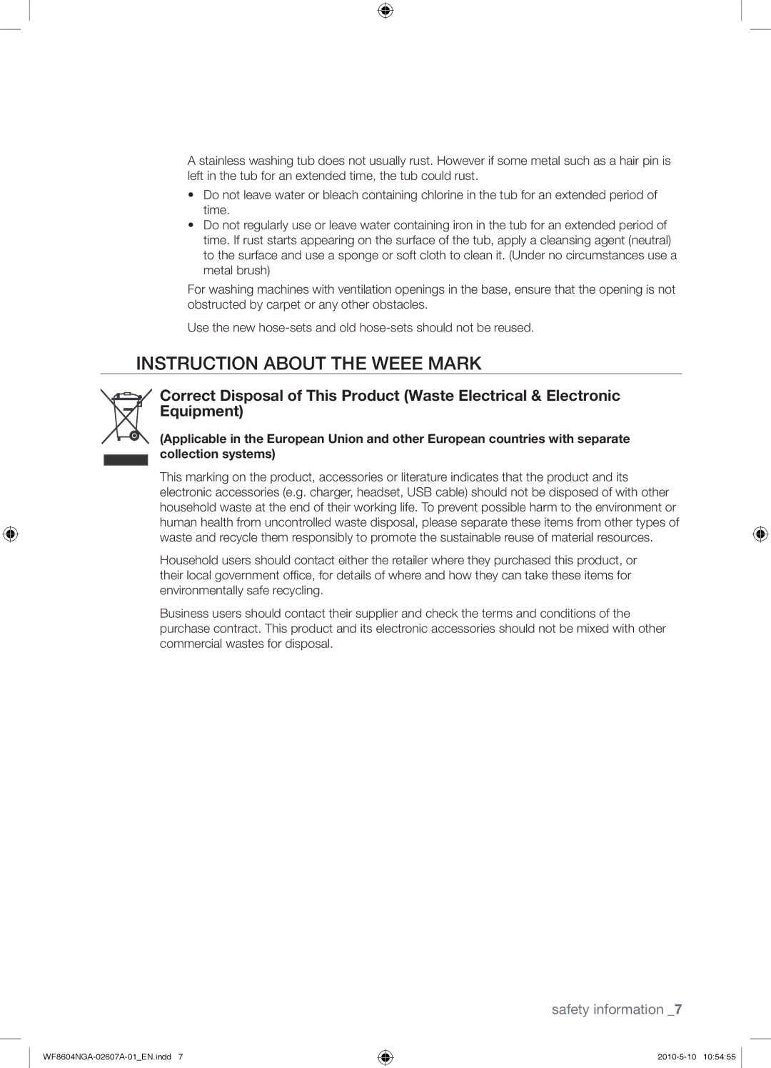 Samsung WF8602NGY/XEU manual Instruction about the Weee Mark 