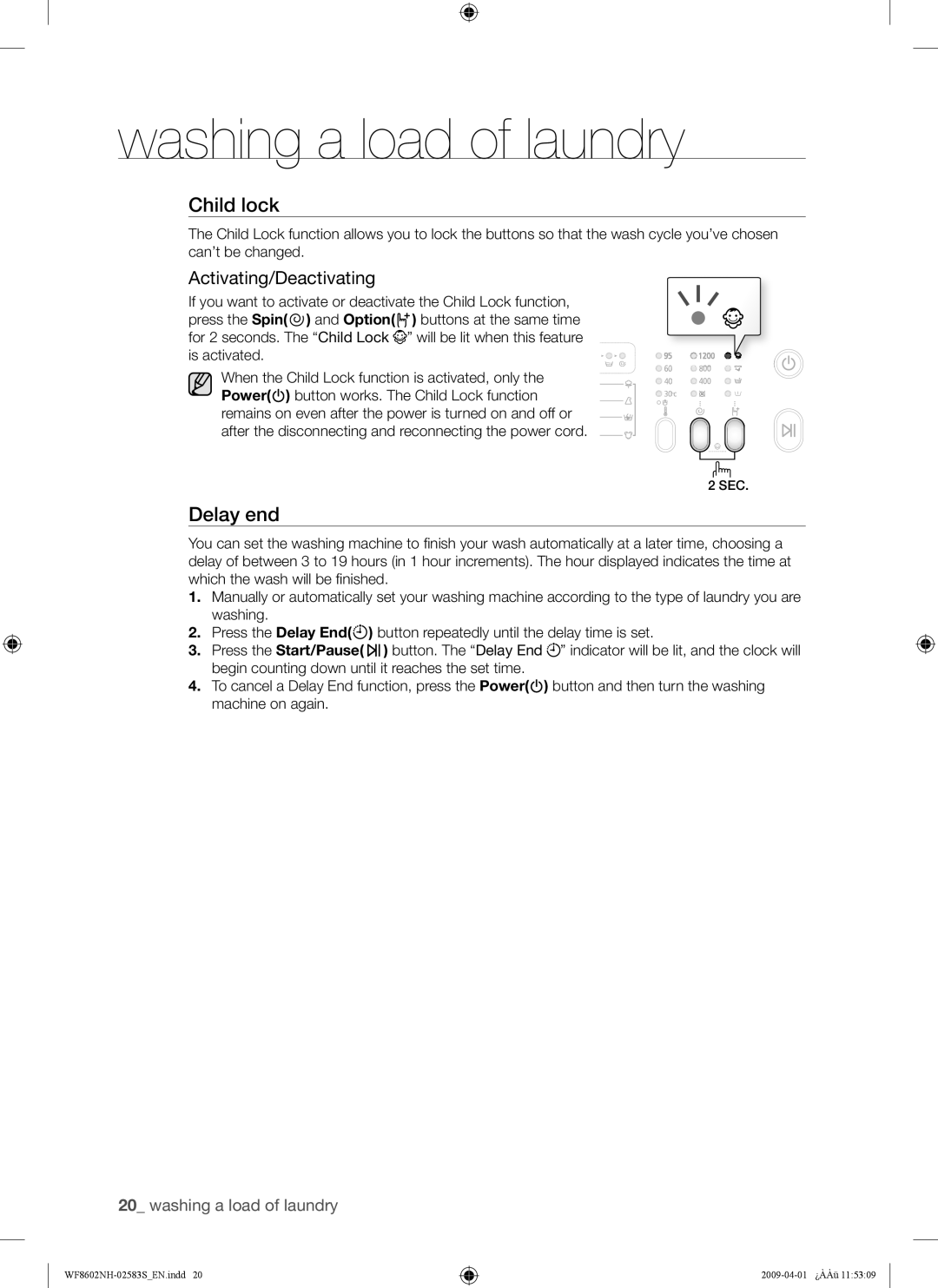 Samsung WF8602NHW/XEE, WF8602NHV/XEE manual Child lock, Activating/Deactivating 