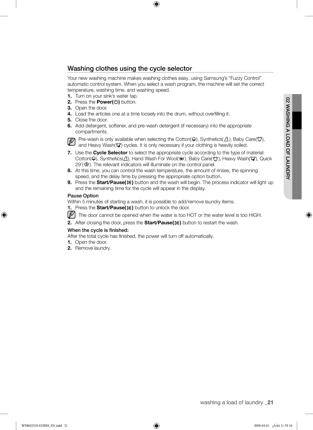 Samsung WF8602NHV/XEE, WF8602NHW/XEE manual Washing clothes using the cycle selector 