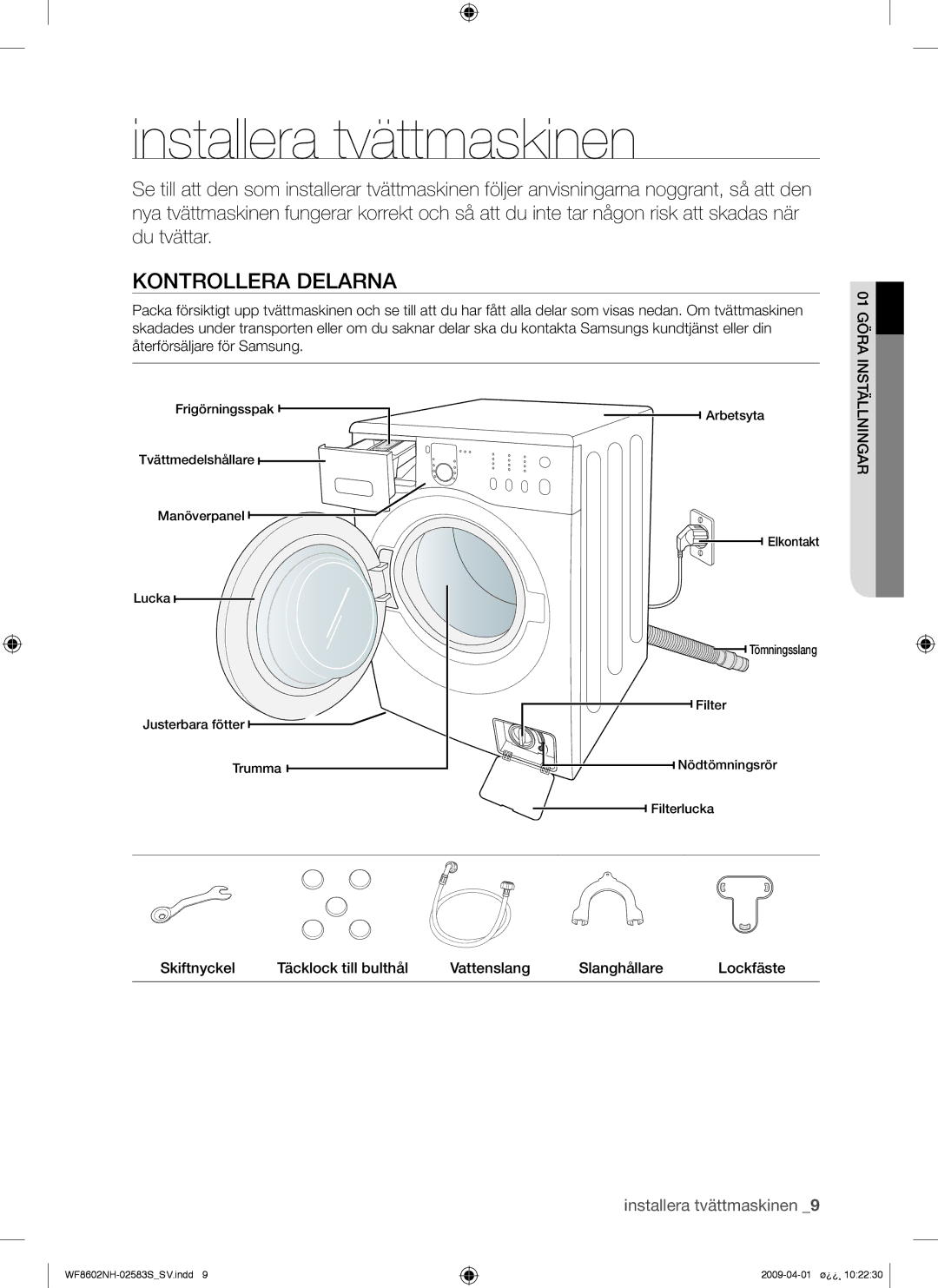 Samsung WF8602NHV/XEE, WF8602NHW/XEE manual Installera tvättmaskinen, Kontrollera Delarna 