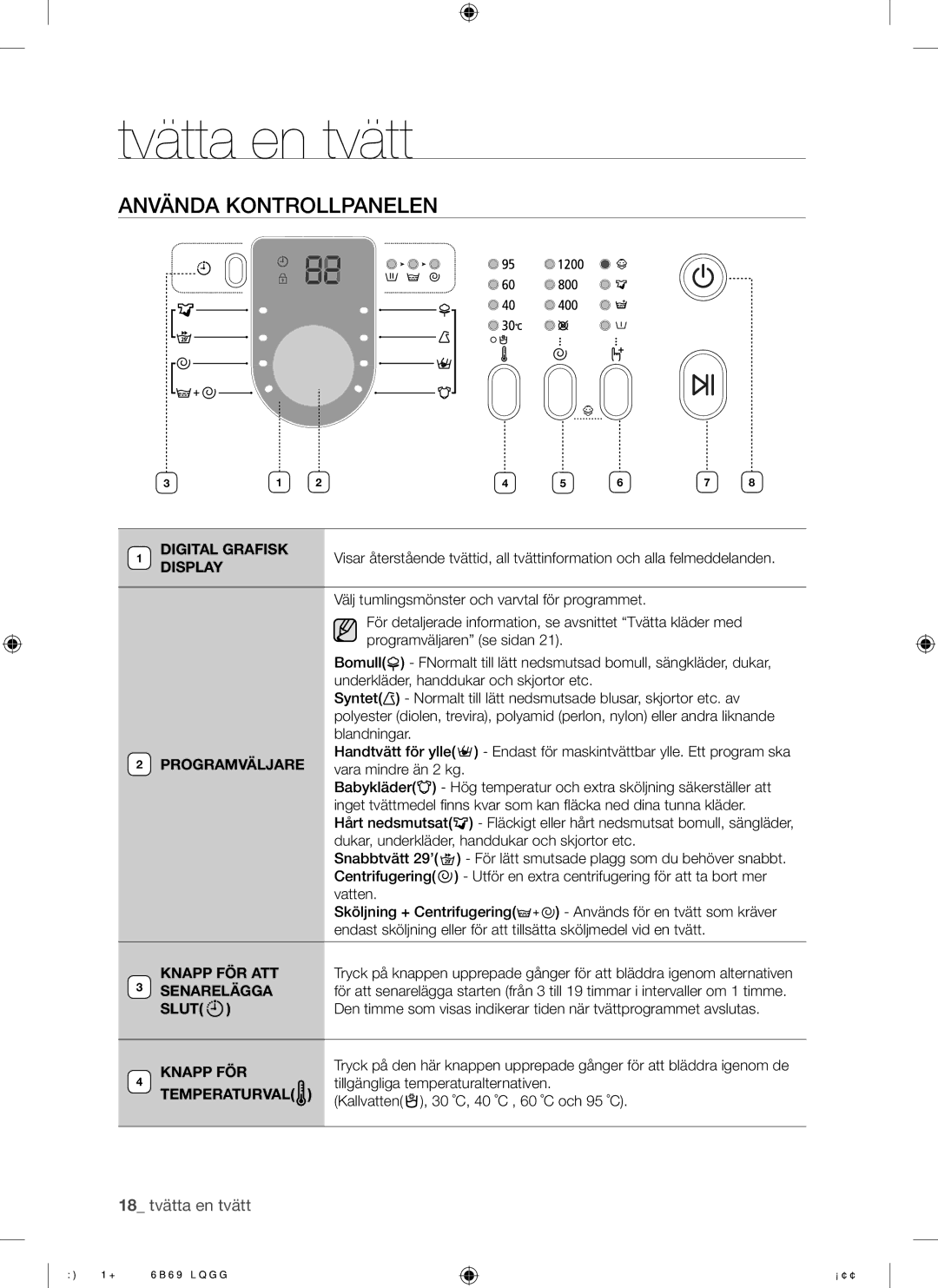 Samsung WF8602NHW/XEE, WF8602NHV/XEE manual Använda Kontrollpanelen 