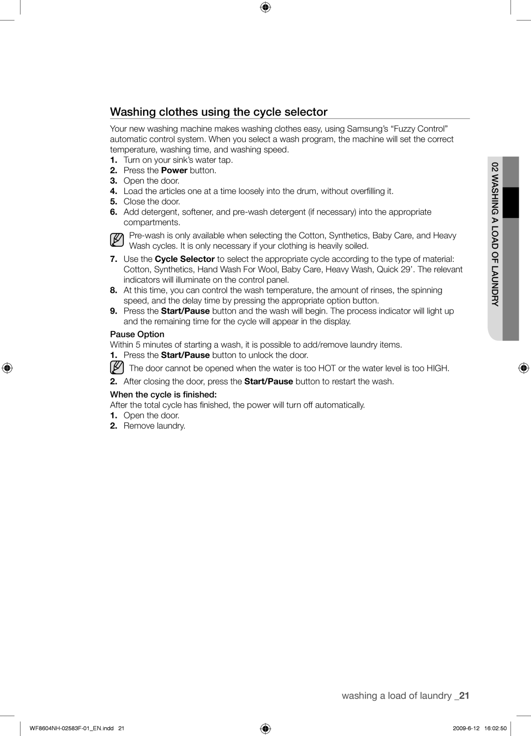 Samsung WF8602NHW/XEE manual Washing clothes using the cycle selector 