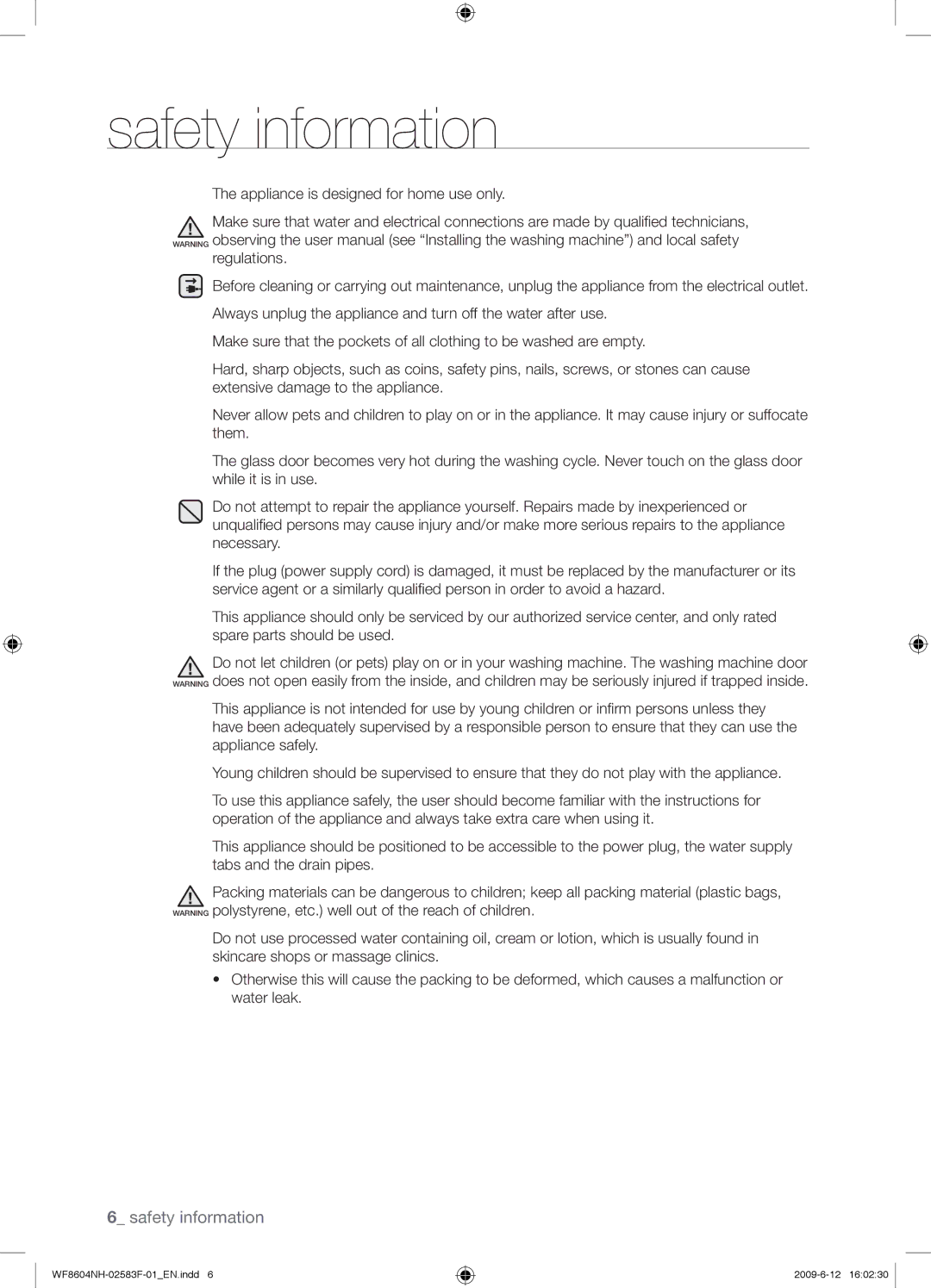 Samsung WF8602NHW/XEE manual Safety information 