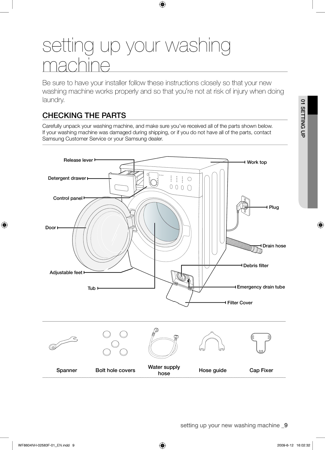 Samsung WF8602NHW/XEE manual Setting up your washing machine, Checking the Parts 