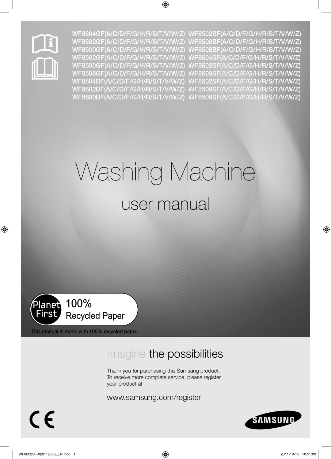 Samsung WF8500SFV/XEH, WF8602SFV/XEH, WF8502SFV/XEH manual Washing Machine, This manual is made with 100% recycled paper 