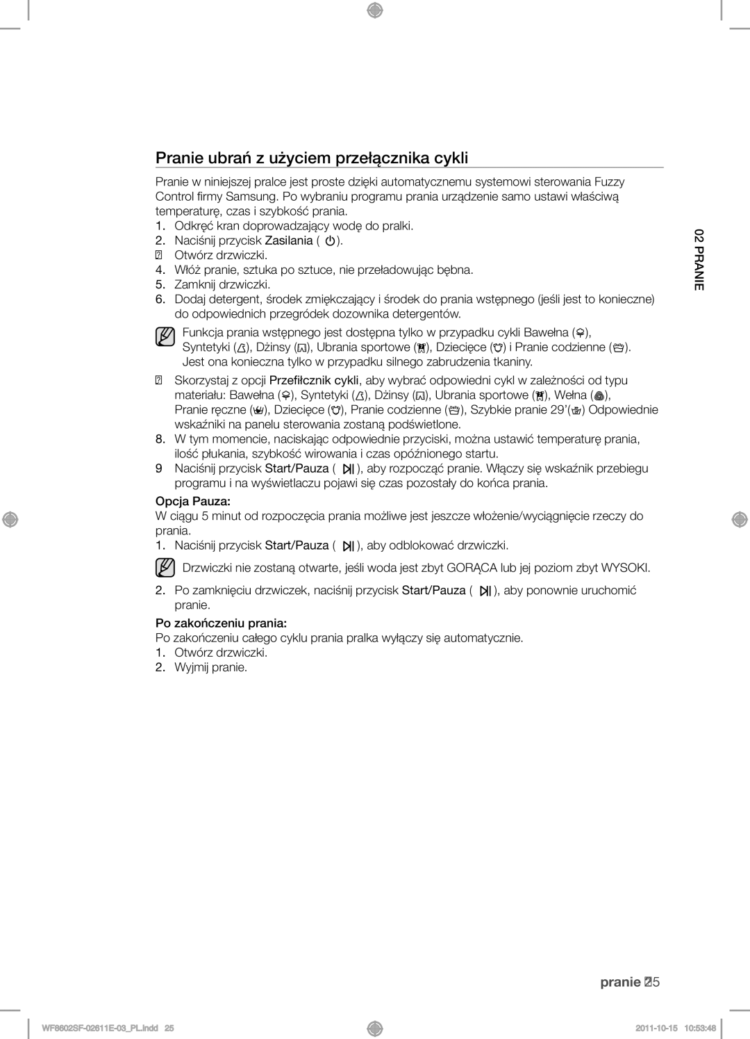 Samsung WF8500SFV/XEH, WF8602SFV/XEH, WF8502SFV/XEH, WF8602SFS/XEH manual Pranie ubrań z użyciem przełącznika cykli 