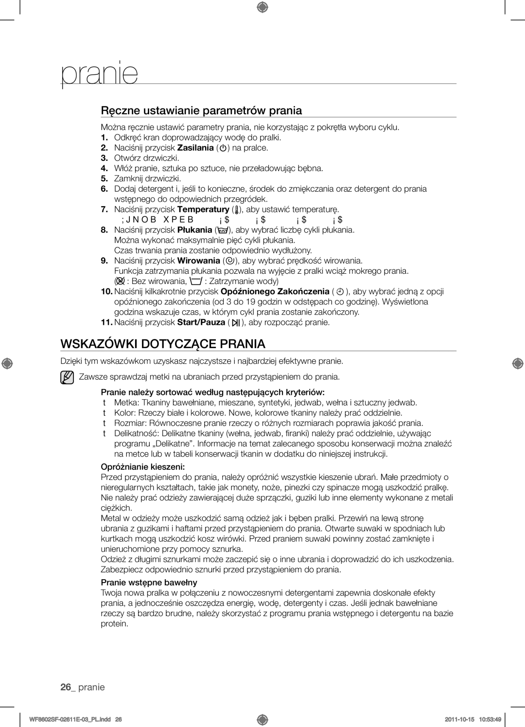 Samsung WF8502SFV/XEH, WF8602SFV/XEH, WF8500SFV/XEH manual Wskazówki Dotyczące Prania, Ręczne ustawianie parametrów prania 