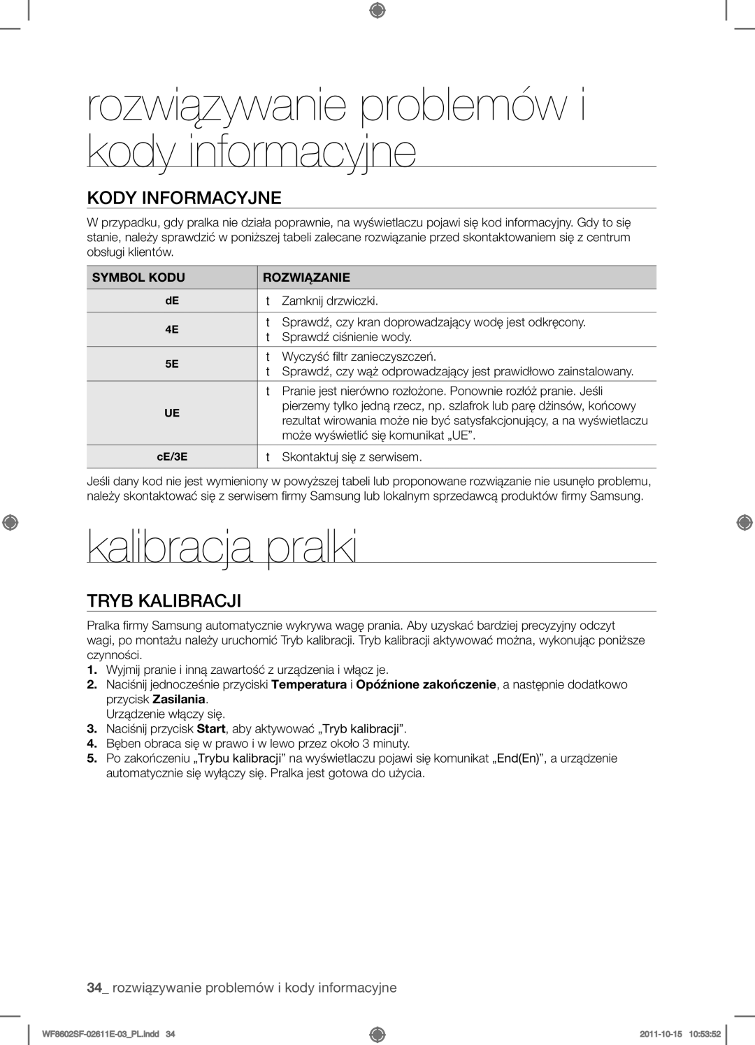 Samsung WF8502SFV/XEH, WF8602SFV/XEH manual Kalibracja pralki, Kody informacyjne, Tryb kalibracji, Symbol Kodu Rozwiązanie 