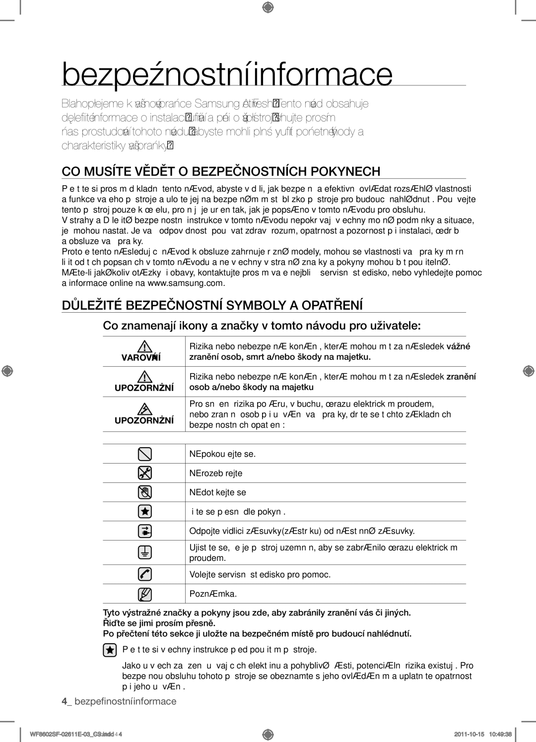 Samsung WF8602SFV/XEH, WF8500SFV/XEH, WF8502SFV/XEH manual Bezpečnostní informace, CO Musíte Vědět O Bezpečnostních Pokynech 