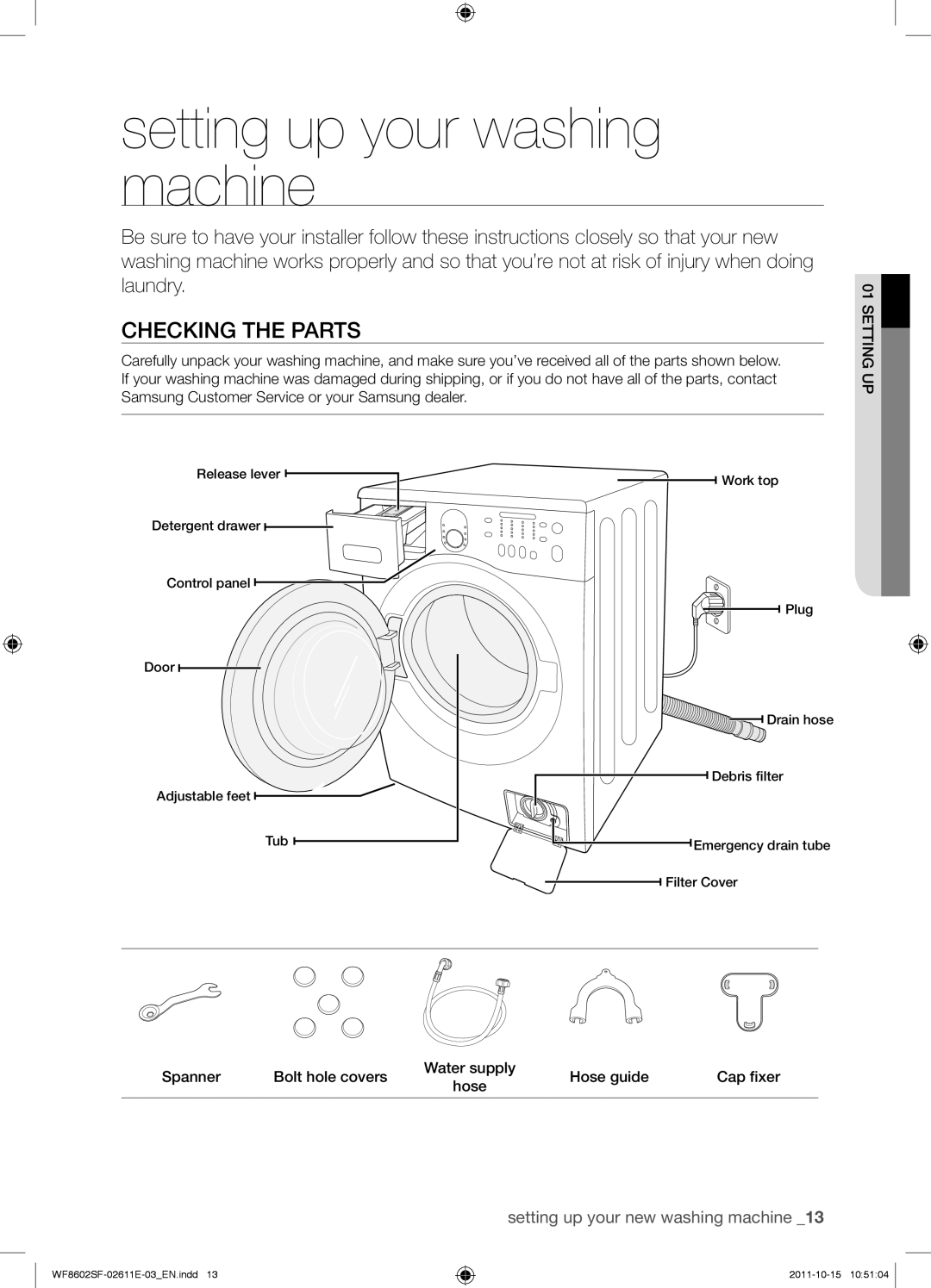 Samsung WF8500SFV/XEH, WF8602SFV/XEH, WF8502SFV/XEH, WF8602SFS/XEH manual Setting up your washing machine, Checking the parts 