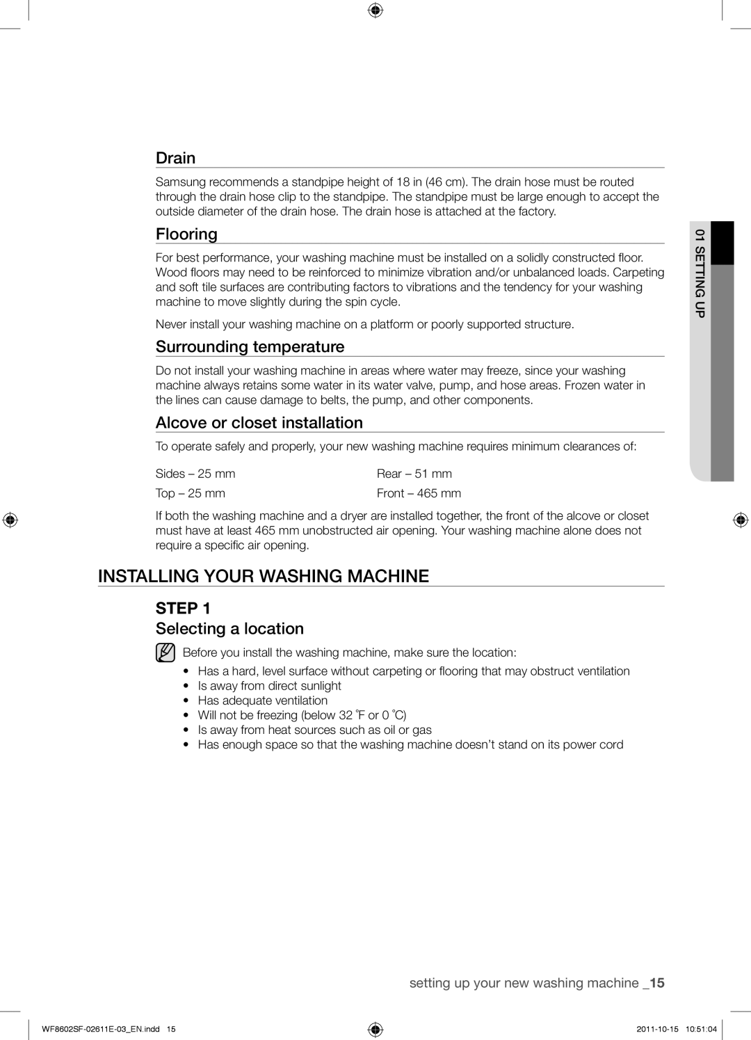 Samsung WF8602SFS/XEH, WF8602SFV/XEH, WF8500SFV/XEH, WF8502SFV/XEH manual Installing your washing machine 