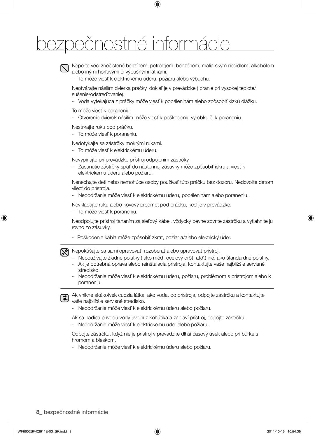 Samsung WF8602SFV/XEH, WF8500SFV/XEH, WF8502SFV/XEH, WF8602SFS/XEH manual Bezpečnostné informácie 