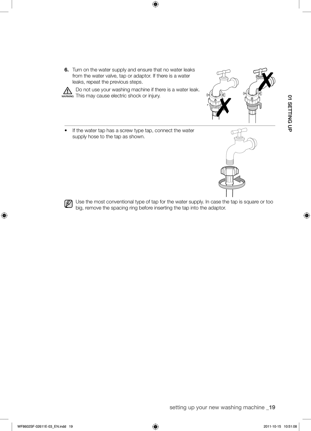 Samsung WF8602SFS/XEH, WF8602SFV/XEH, WF8500SFV/XEH, WF8502SFV/XEH manual Setting up your new washing machine 